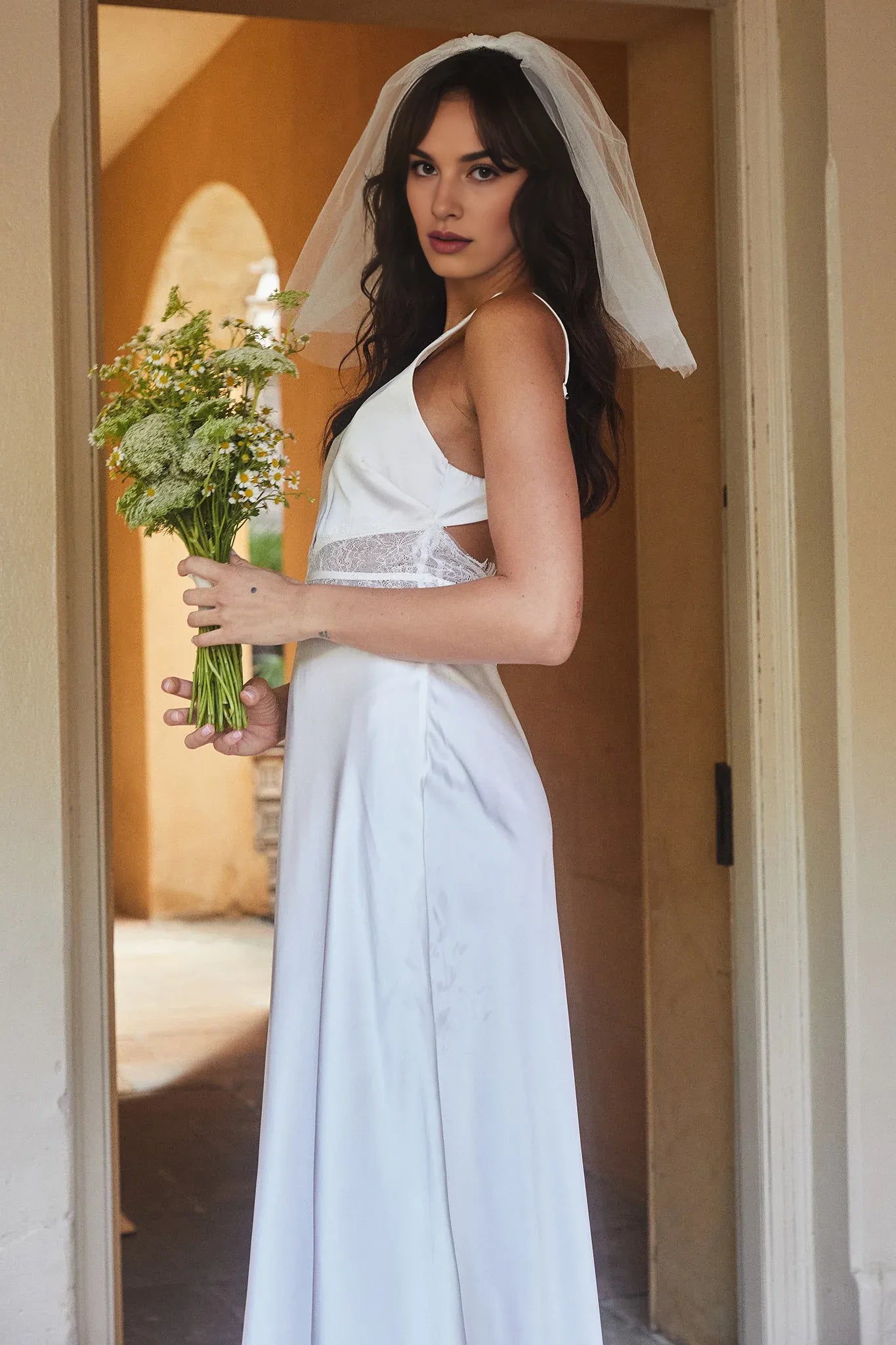 Discount V Neck Lace Trim Cutout White Maxi Evening Dress For Women