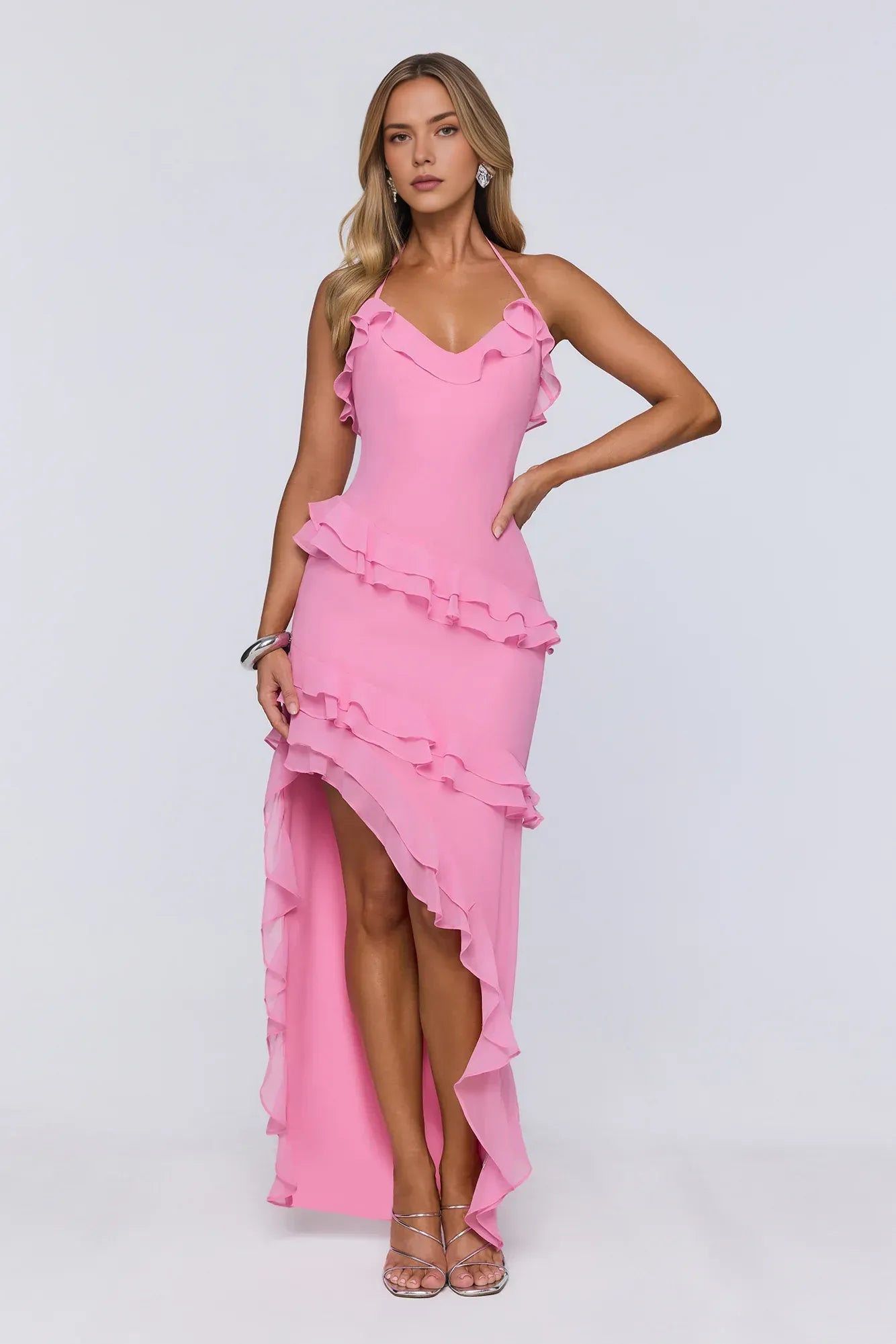 Discount A-Line Halter V-Neck Ruffled Pink High-Low Prom Dress Hot Sale