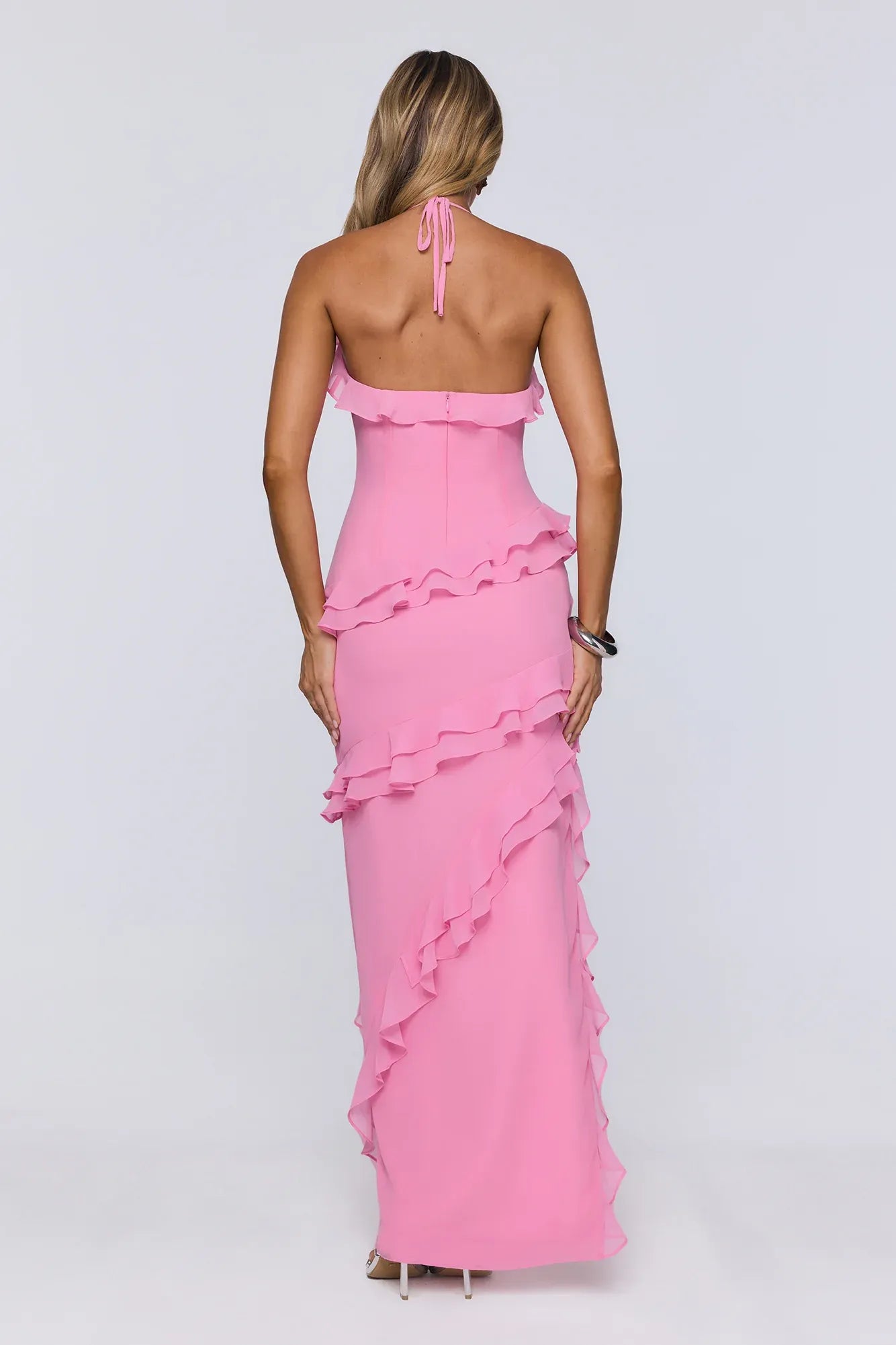 Discount A-Line Halter V-Neck Ruffled Pink High-Low Prom Dress Hot Sale
