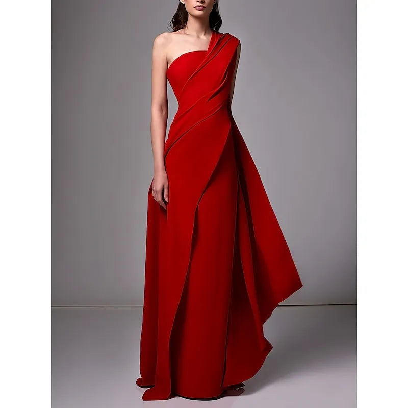 Discount Sheath One Shoulder Ruched Red Floor Length Prom Dress For Women