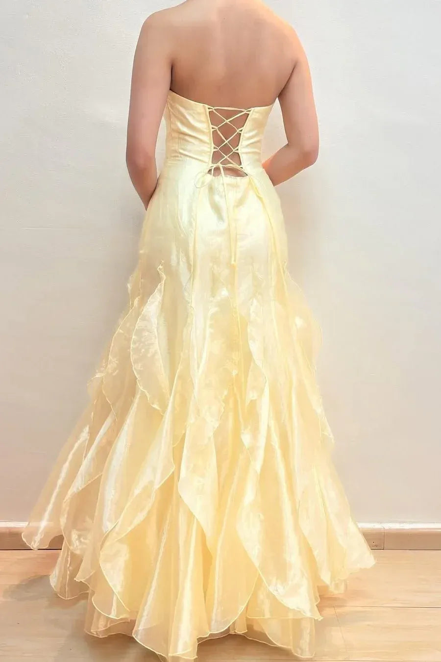 Dramatic A-Line Strapless Ruffled Yellow Floor-Length Prom Dress Hot Sale