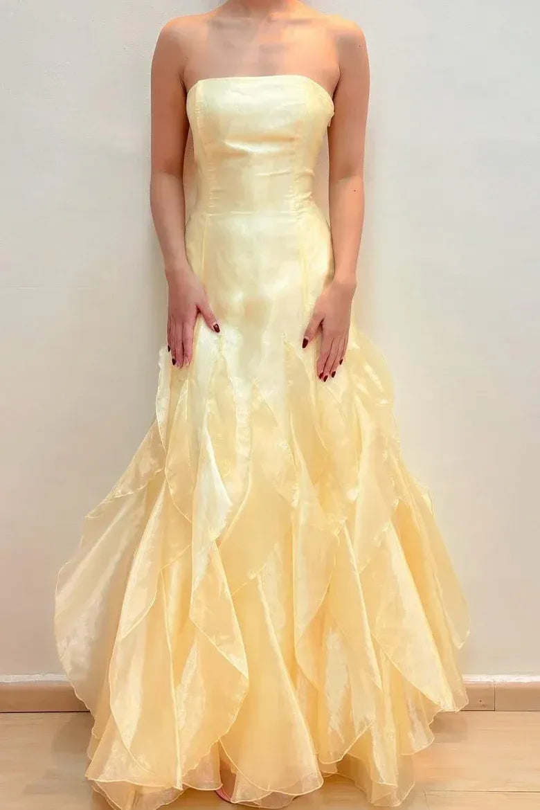 Dramatic A-Line Strapless Ruffled Yellow Floor-Length Prom Dress Hot Sale