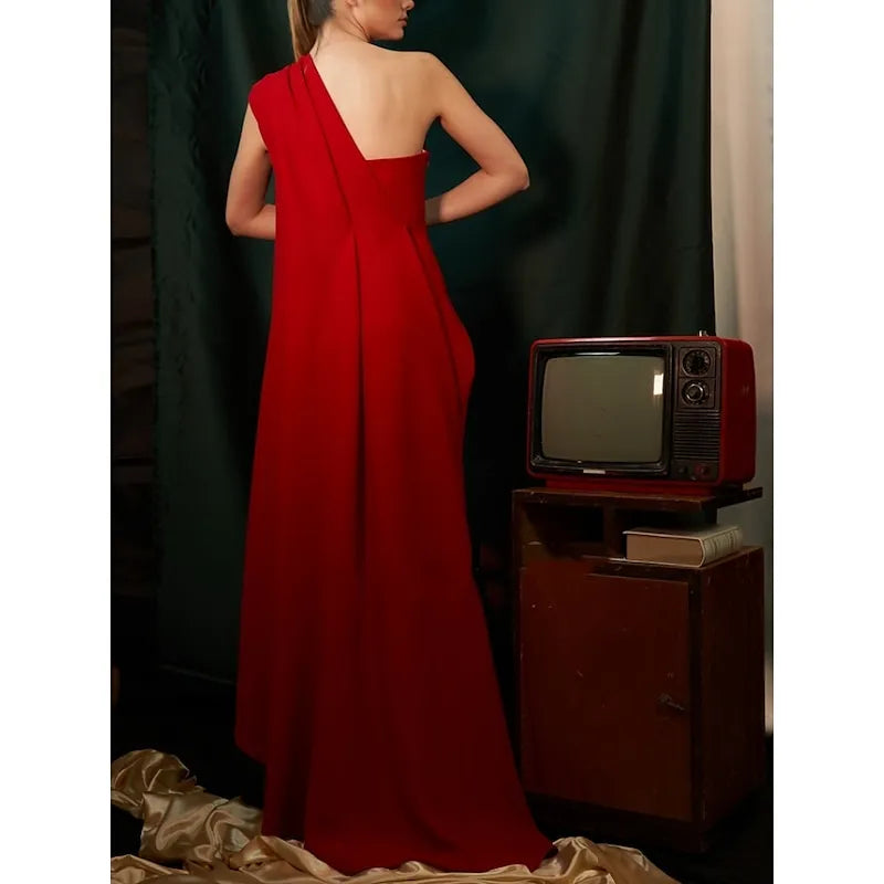 Dramatic A-line One-shoulder Sleeveless Draped Red Maxi Prom Dress for Women Custom