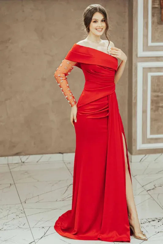 Dramatic Mermaid Asymmetric-neck Single-sleeve Beaded Red Floor-length Prom Dress for Women Ready to Ship