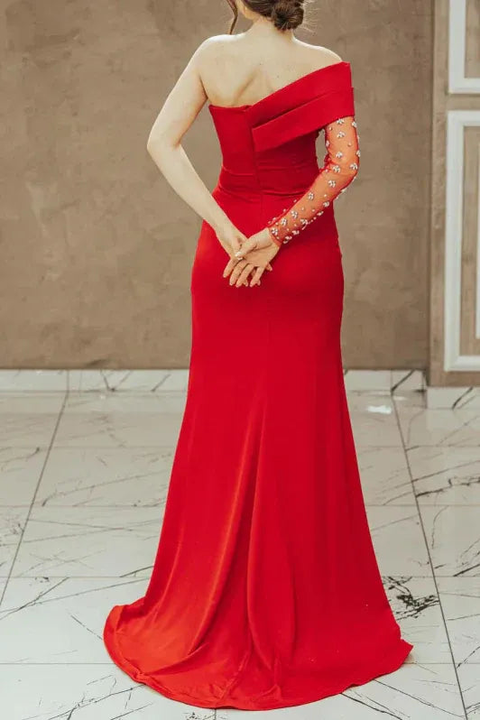 Dramatic Mermaid Asymmetric-neck Single-sleeve Beaded Red Floor-length Prom Dress for Women Ready to Ship