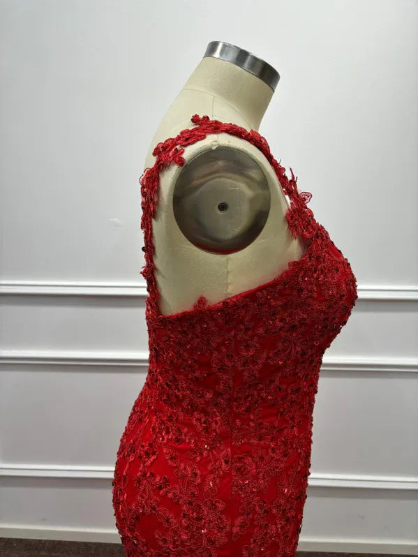 Dramatic Mermaid One-Shoulder Sleeveless Lace Red Maxi Evening Dress for Women Custom