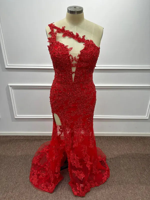Dramatic Mermaid One-Shoulder Sleeveless Lace Red Maxi Evening Dress for Women Custom