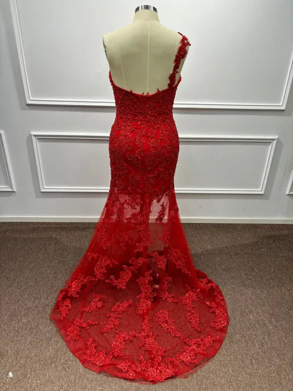 Dramatic Mermaid One-Shoulder Sleeveless Lace Red Maxi Evening Dress for Women Custom