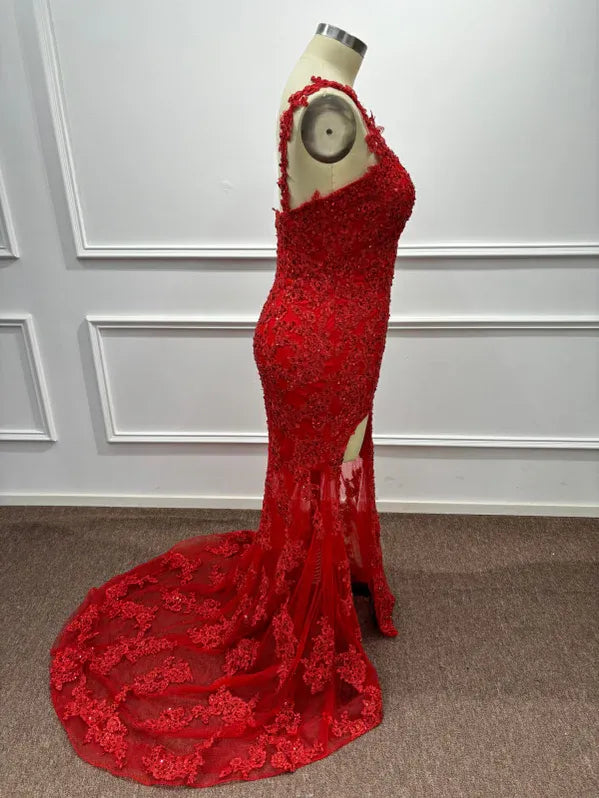 Dramatic Mermaid One-Shoulder Sleeveless Lace Red Maxi Evening Dress for Women Custom