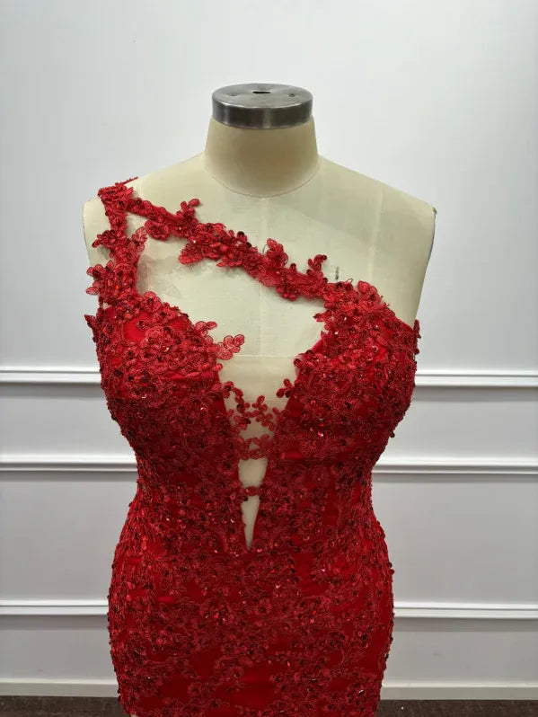 Dramatic Mermaid One-Shoulder Sleeveless Lace Red Maxi Evening Dress for Women Custom