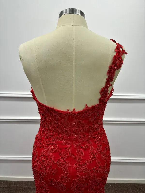 Dramatic Mermaid One-Shoulder Sleeveless Lace Red Maxi Evening Dress for Women Custom