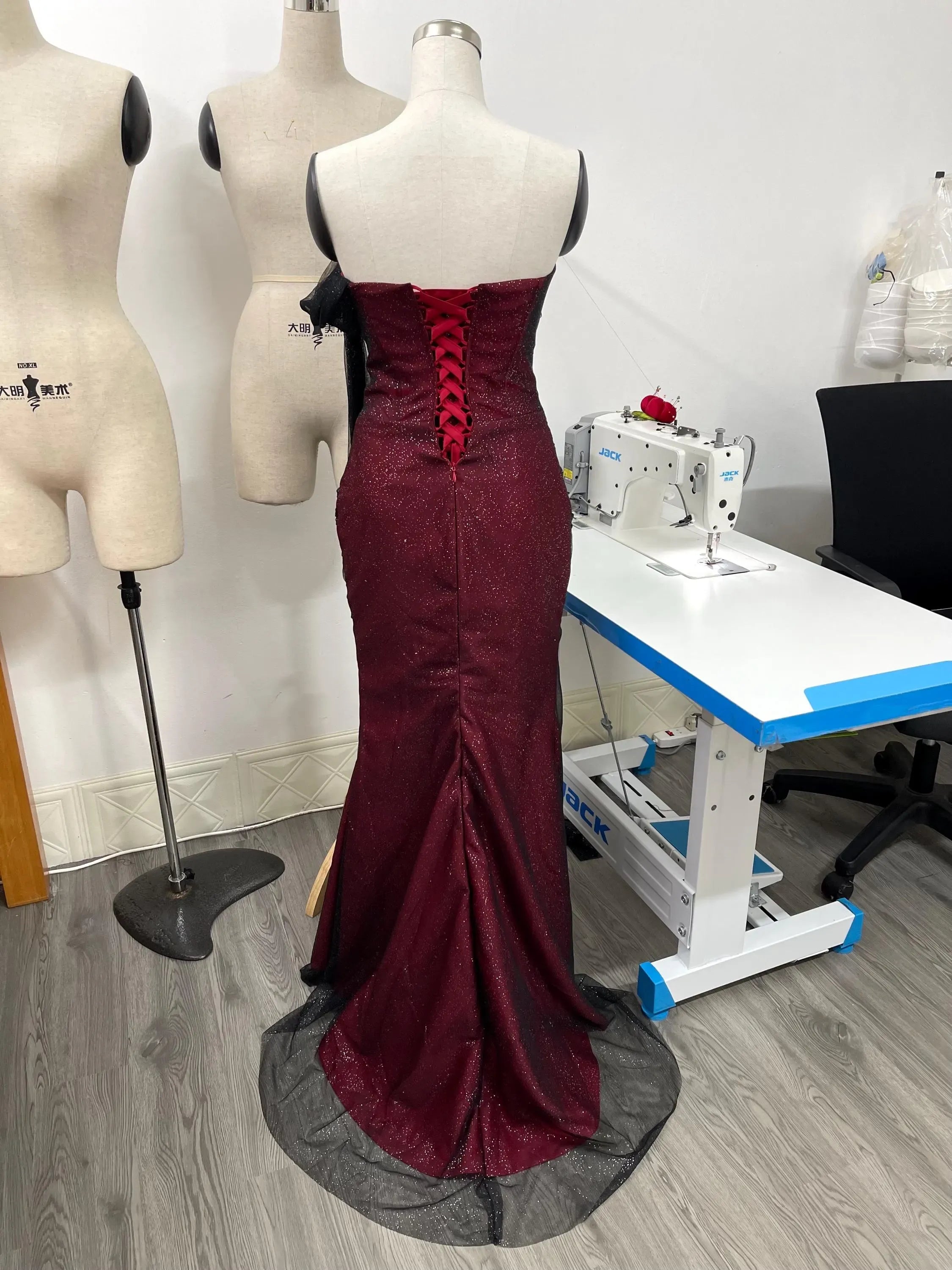 Dramatic Mermaid One Shoulder Corset Drape Ruched Glitter Burgundy Long Prom Dress