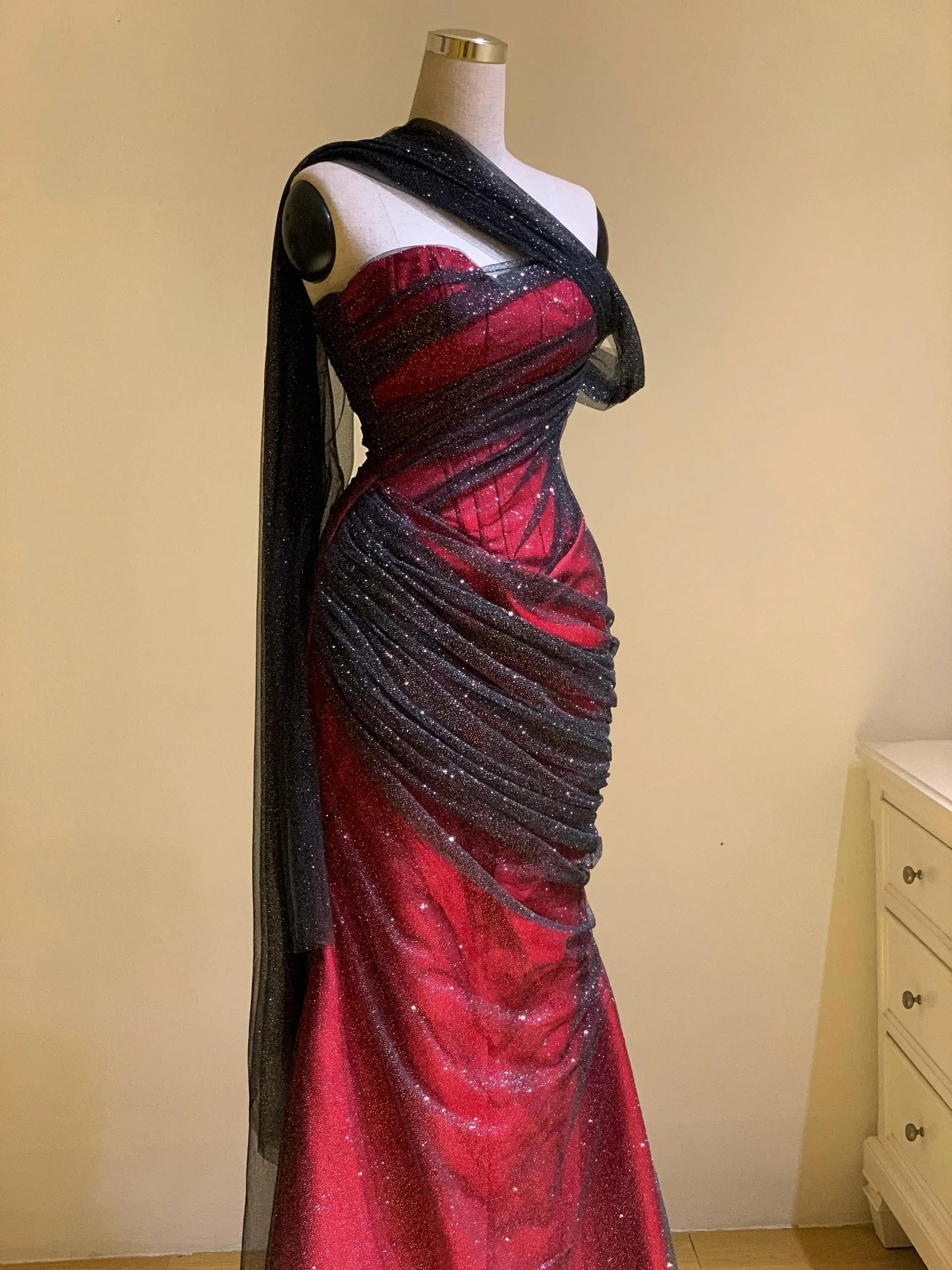 Dramatic Mermaid One Shoulder Corset Drape Ruched Glitter Burgundy Long Prom Dress