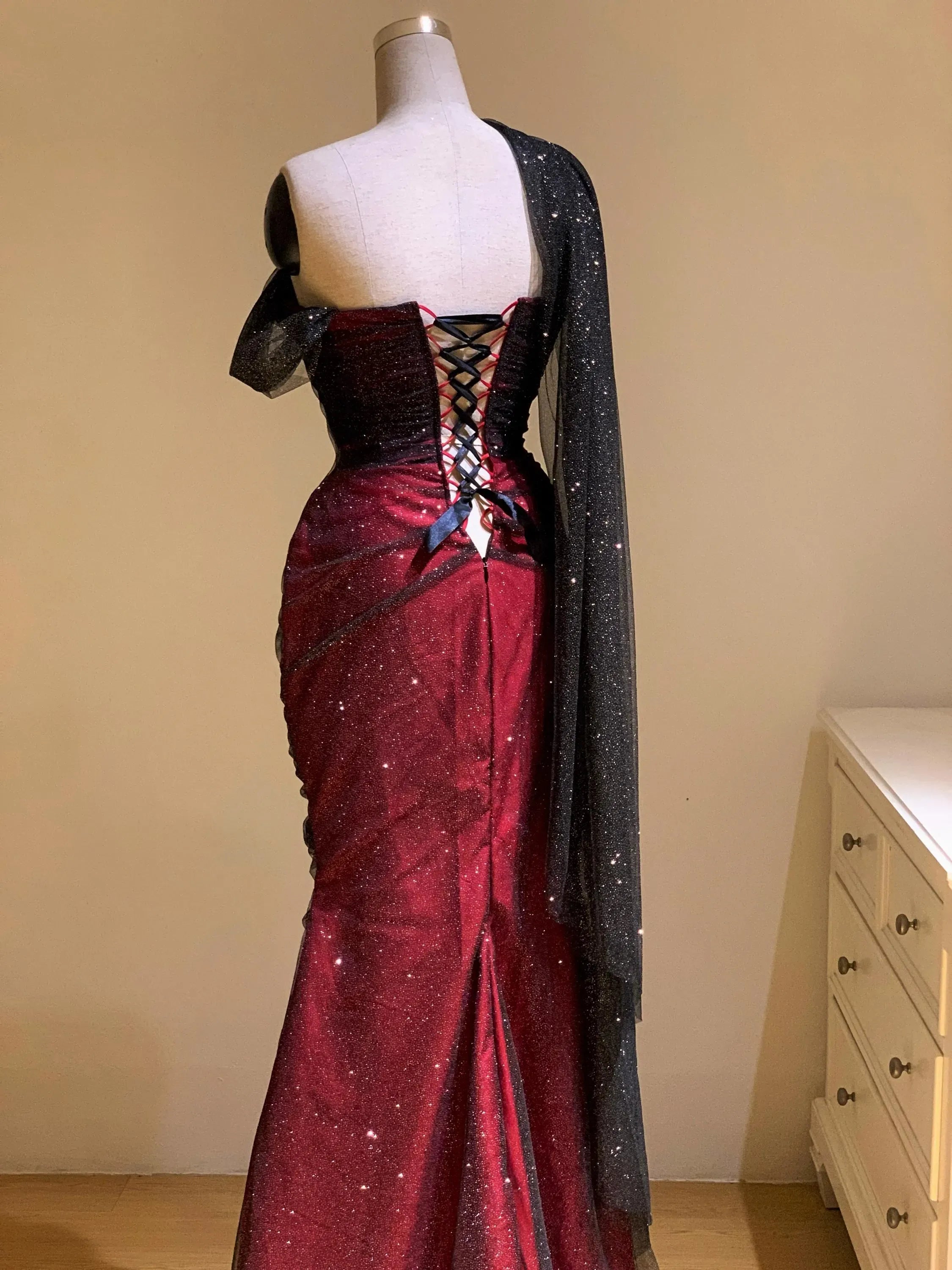 Dramatic Mermaid One Shoulder Corset Drape Ruched Glitter Burgundy Long Prom Dress