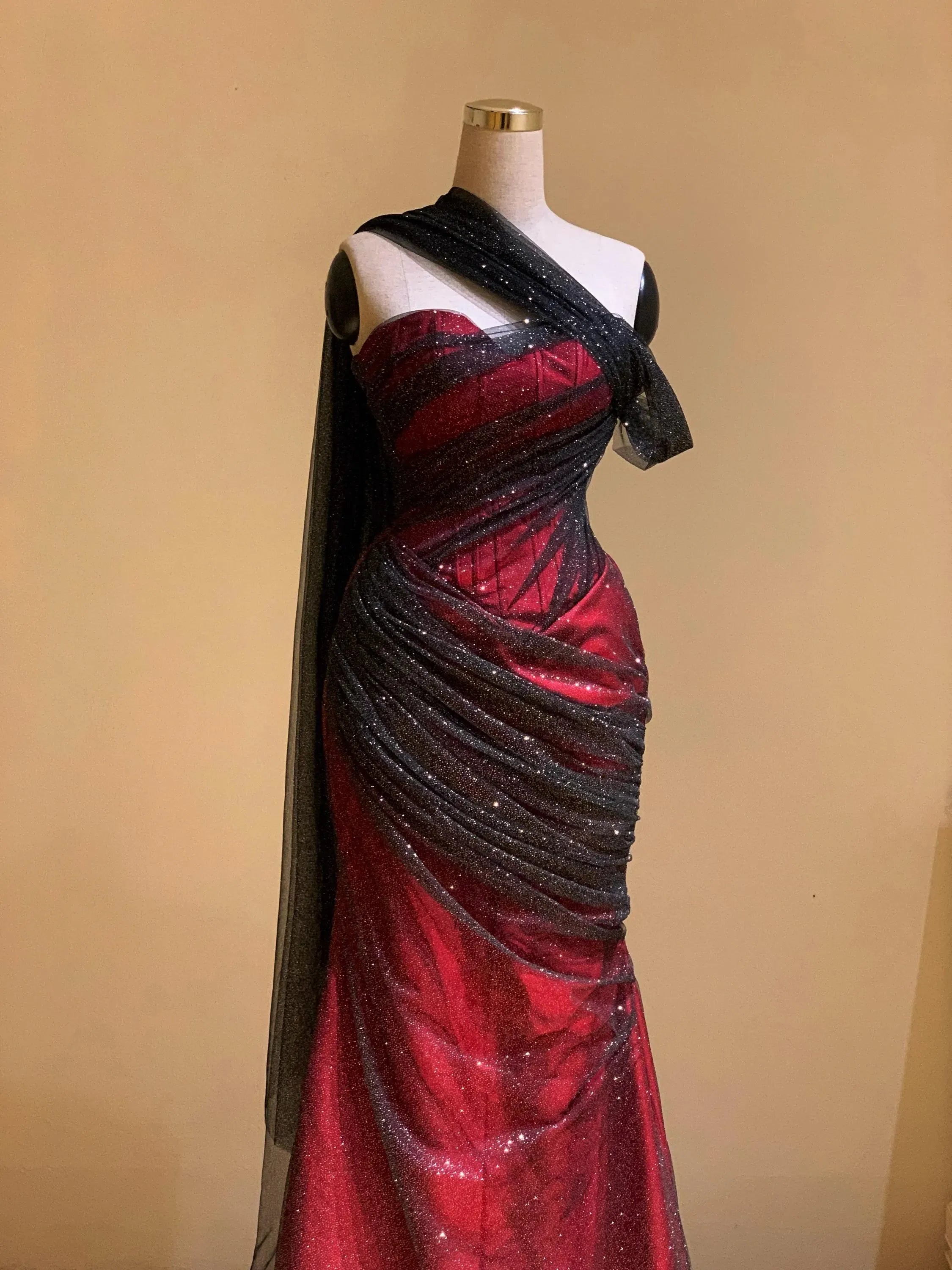 Dramatic Mermaid One Shoulder Corset Drape Ruched Glitter Burgundy Long Prom Dress