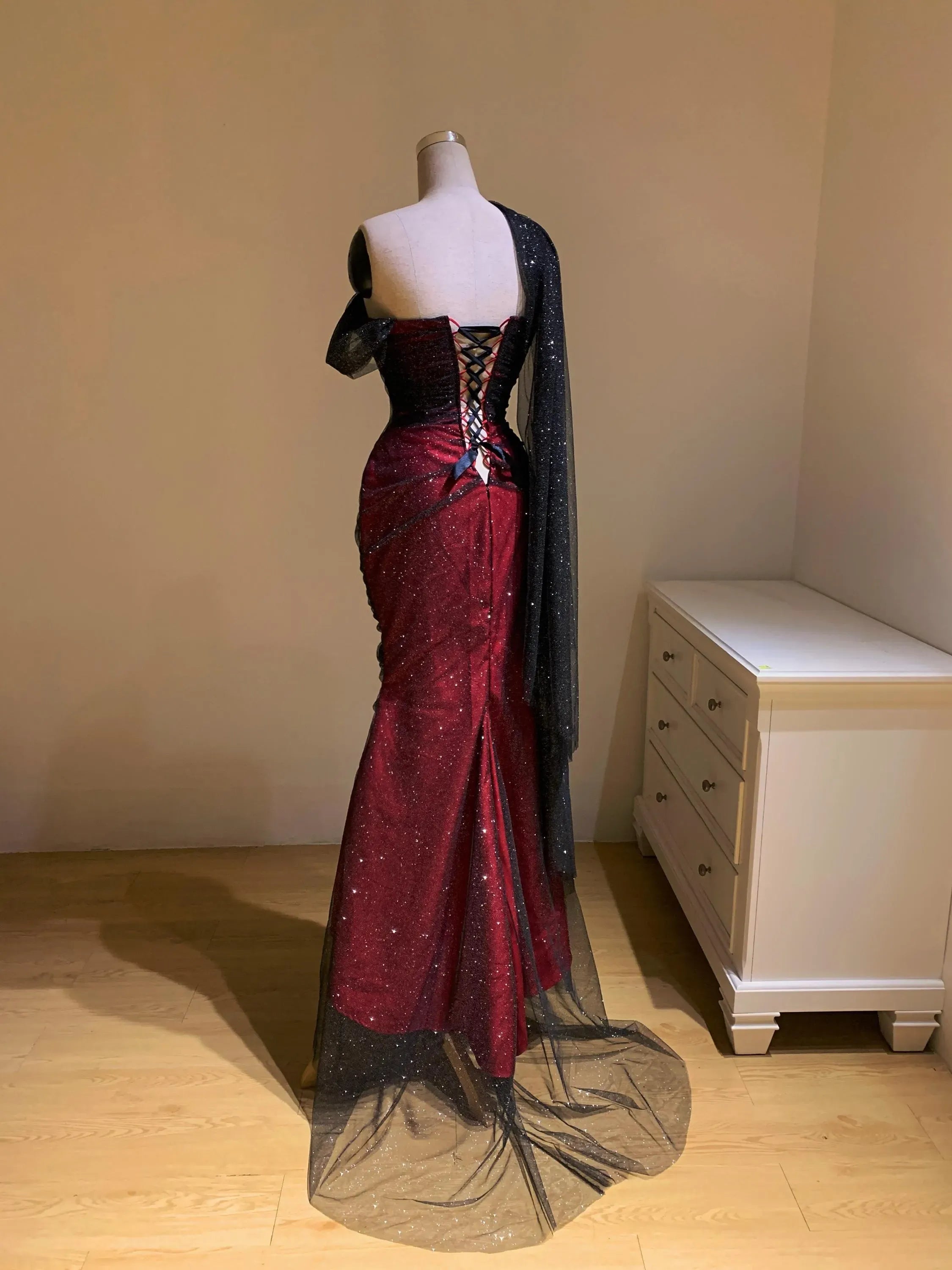 Dramatic Mermaid One Shoulder Corset Drape Ruched Glitter Burgundy Long Prom Dress