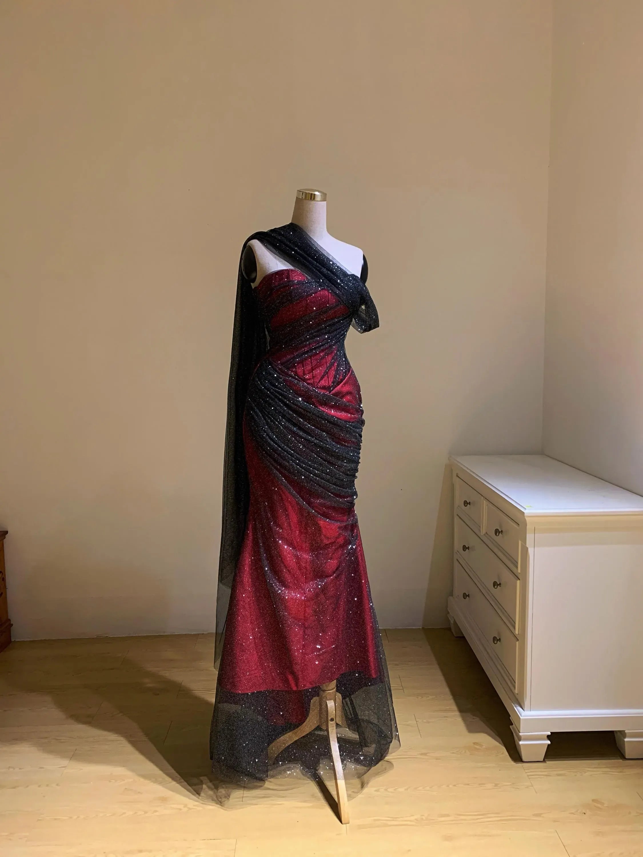 Dramatic Mermaid One Shoulder Corset Drape Ruched Glitter Burgundy Long Prom Dress