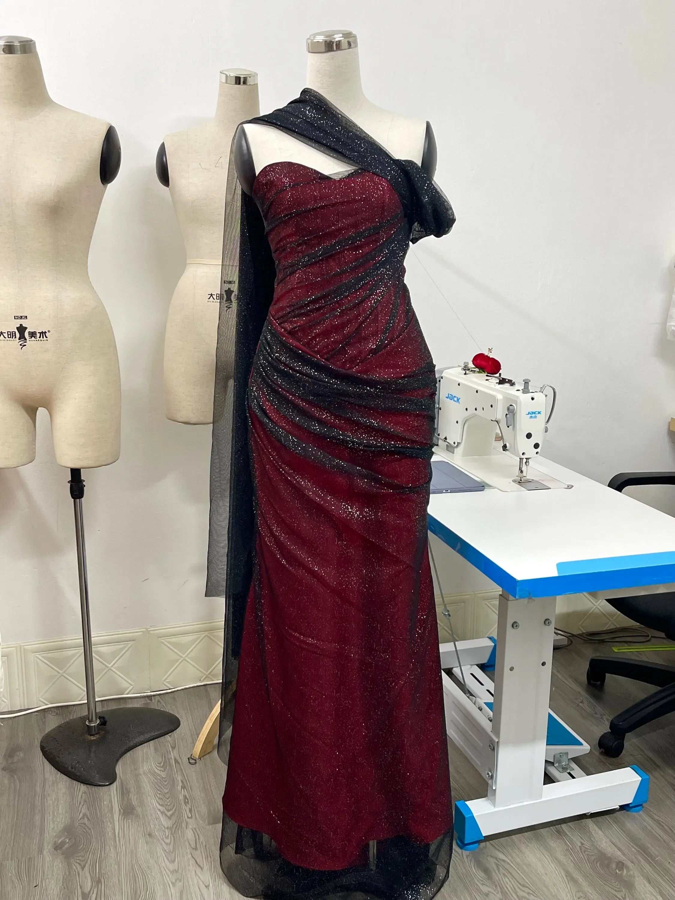 Dramatic Mermaid One Shoulder Corset Drape Ruched Glitter Burgundy Long Prom Dress