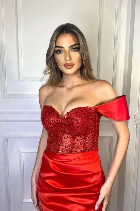Dramatic Mermaid Sweetheart Single-sleeve Sequins Red Floor-length Evening Dress for Women Ready to Ship