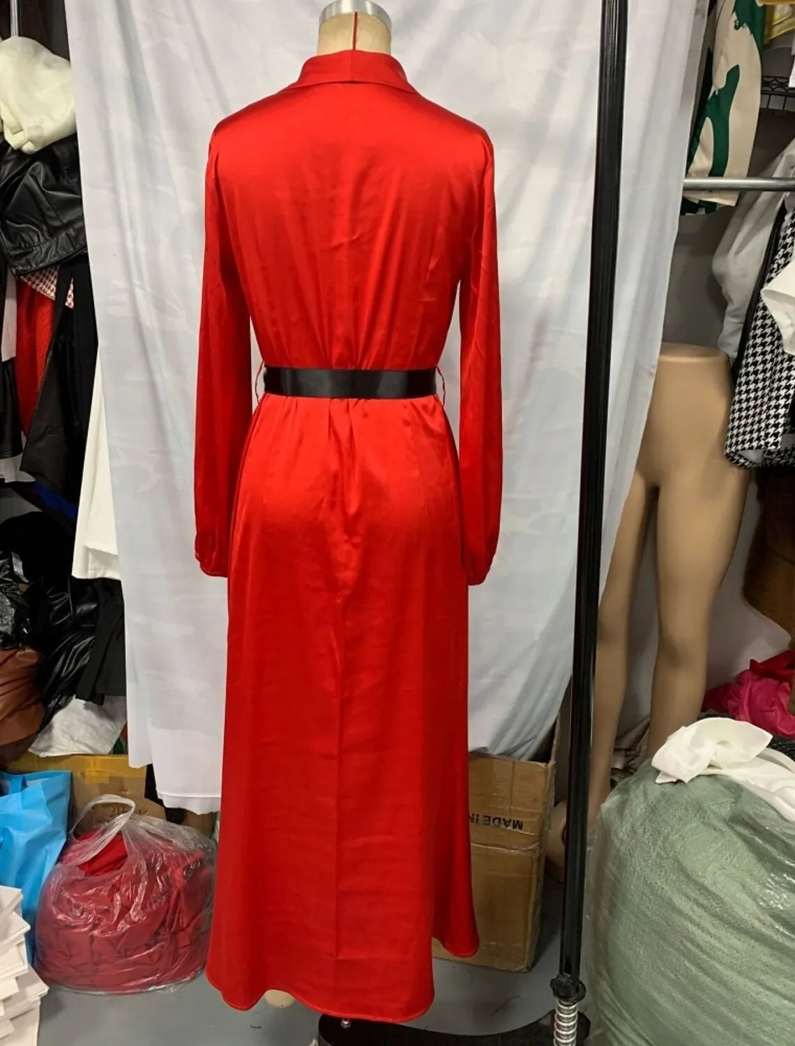 Dramatic Sheath Blazer Collar Long Sleeve Belted Red Maxi Evening Dress for Women Hot Sale