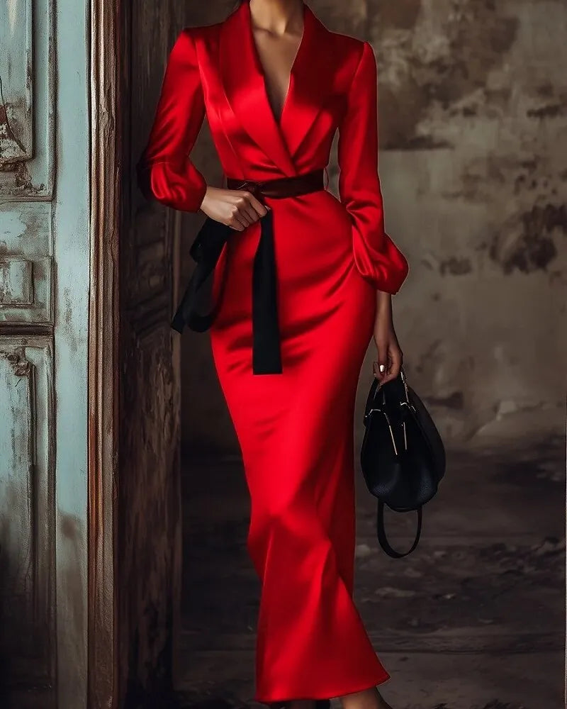 Dramatic Sheath Blazer Collar Long Sleeve Belted Red Maxi Evening Dress for Women Hot Sale