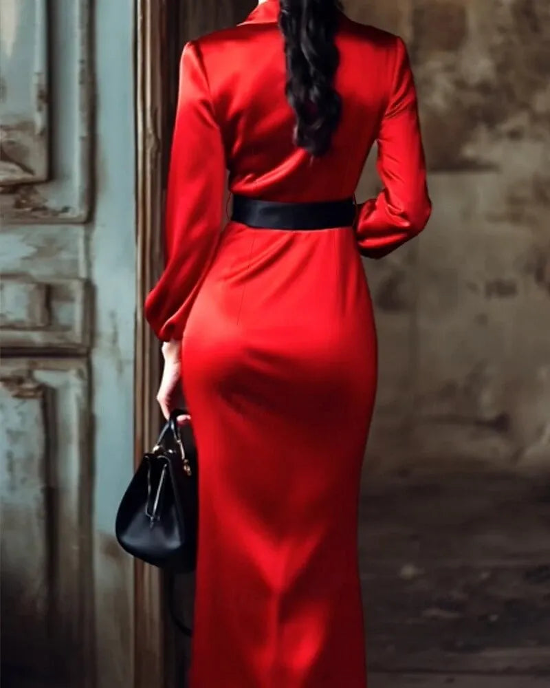 Dramatic Sheath Blazer Collar Long Sleeve Belted Red Maxi Evening Dress for Women Hot Sale