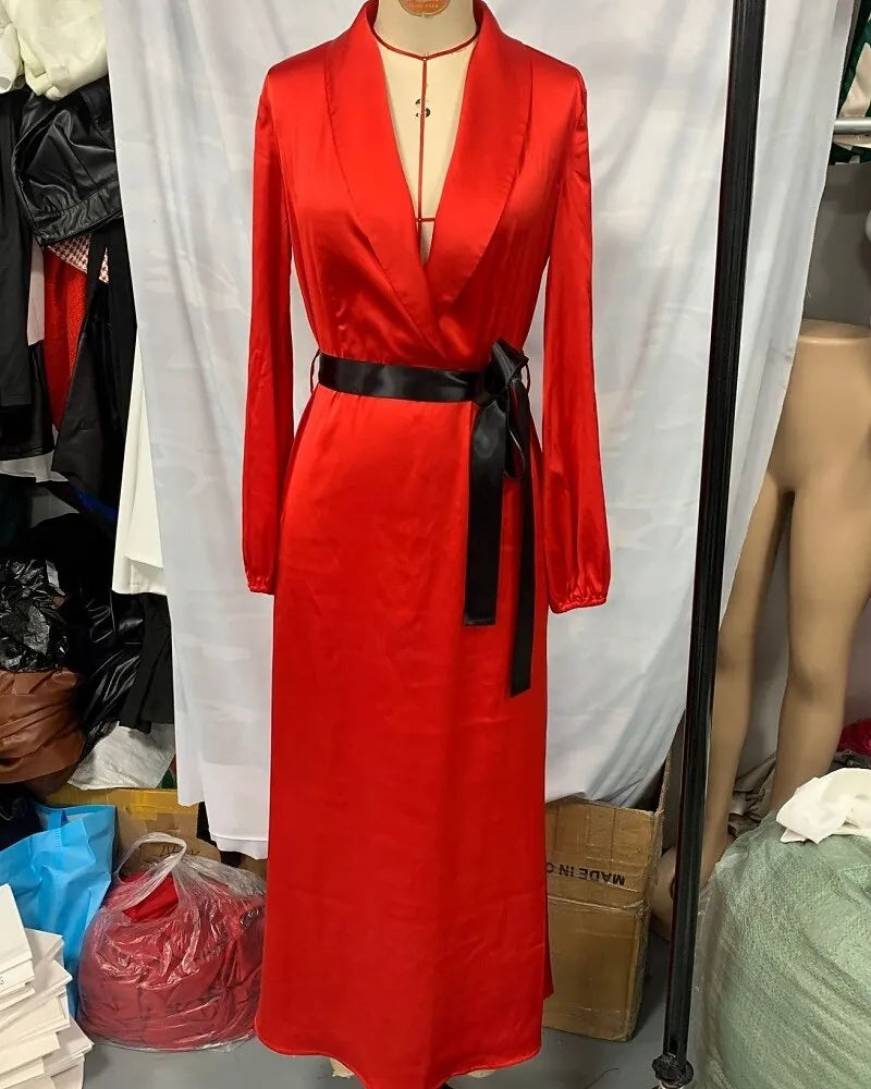 Dramatic Sheath Blazer Collar Long Sleeve Belted Red Maxi Evening Dress for Women Hot Sale