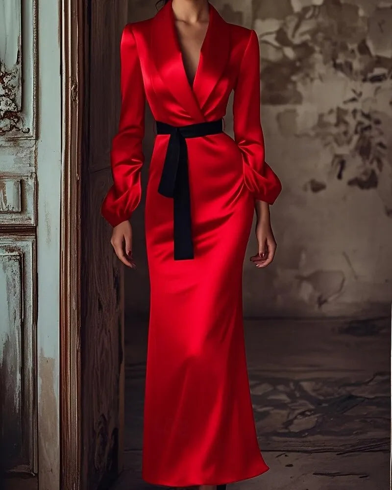Dramatic Sheath Blazer Collar Long Sleeve Belted Red Maxi Evening Dress for Women Hot Sale