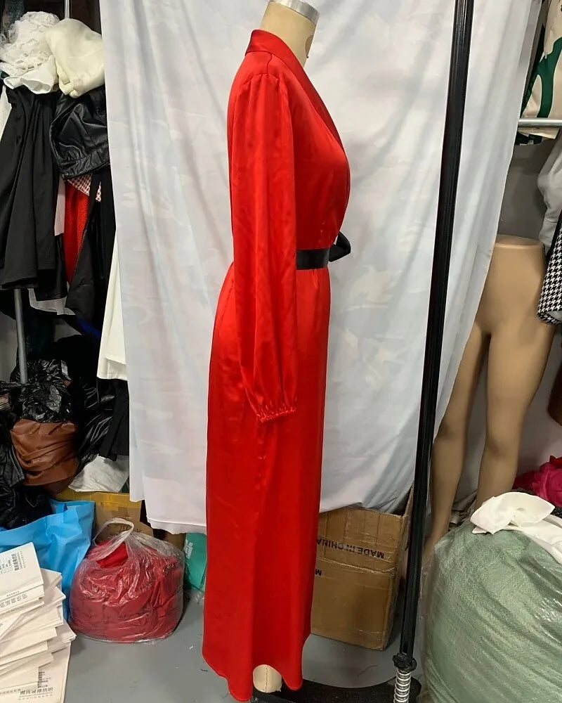 Dramatic Sheath Blazer Collar Long Sleeve Belted Red Maxi Evening Dress for Women Hot Sale