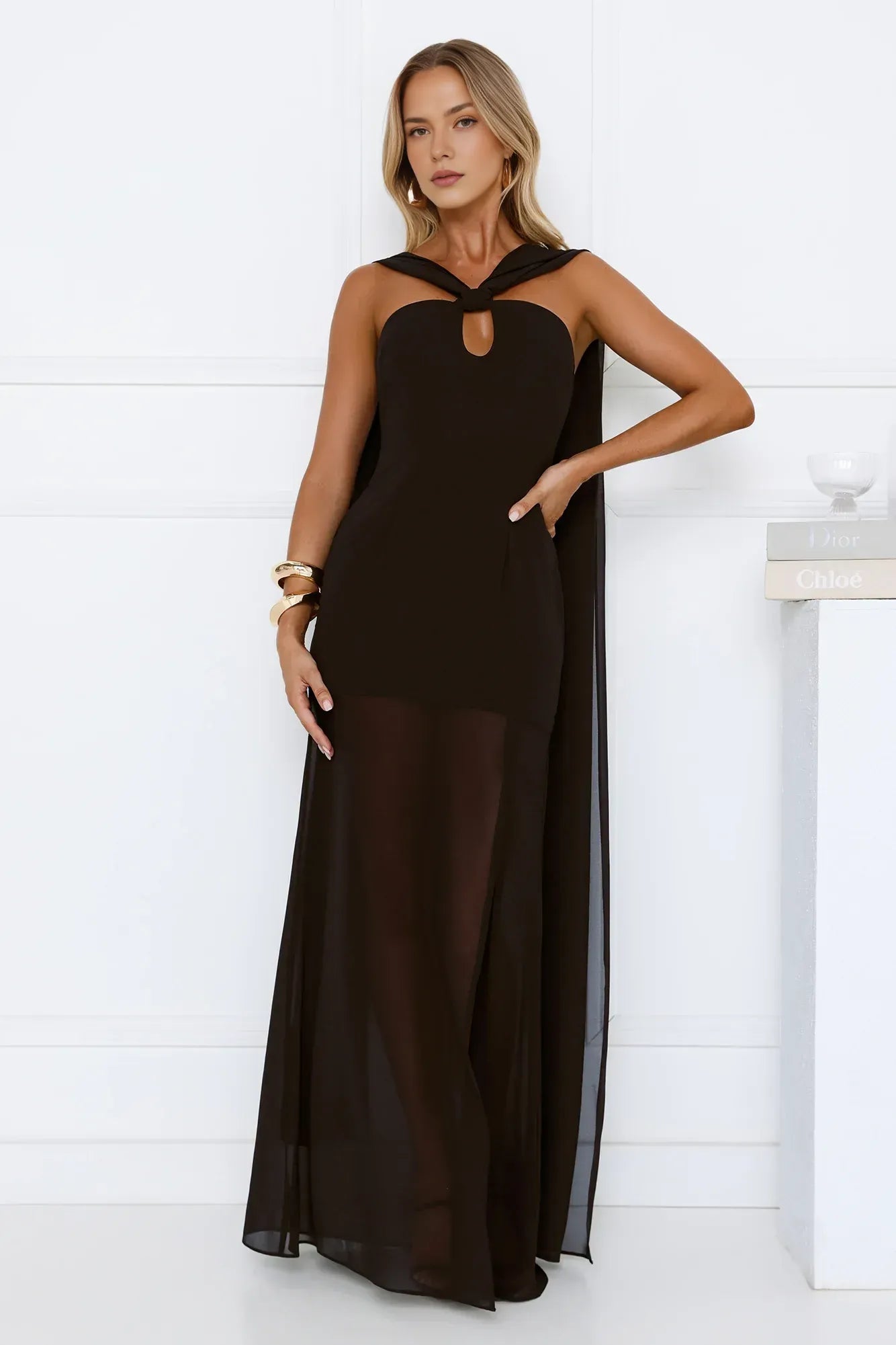 Dramatic Sheath Halter Keyhole Sheer Black Floor-Length Prom Dress With Streamer