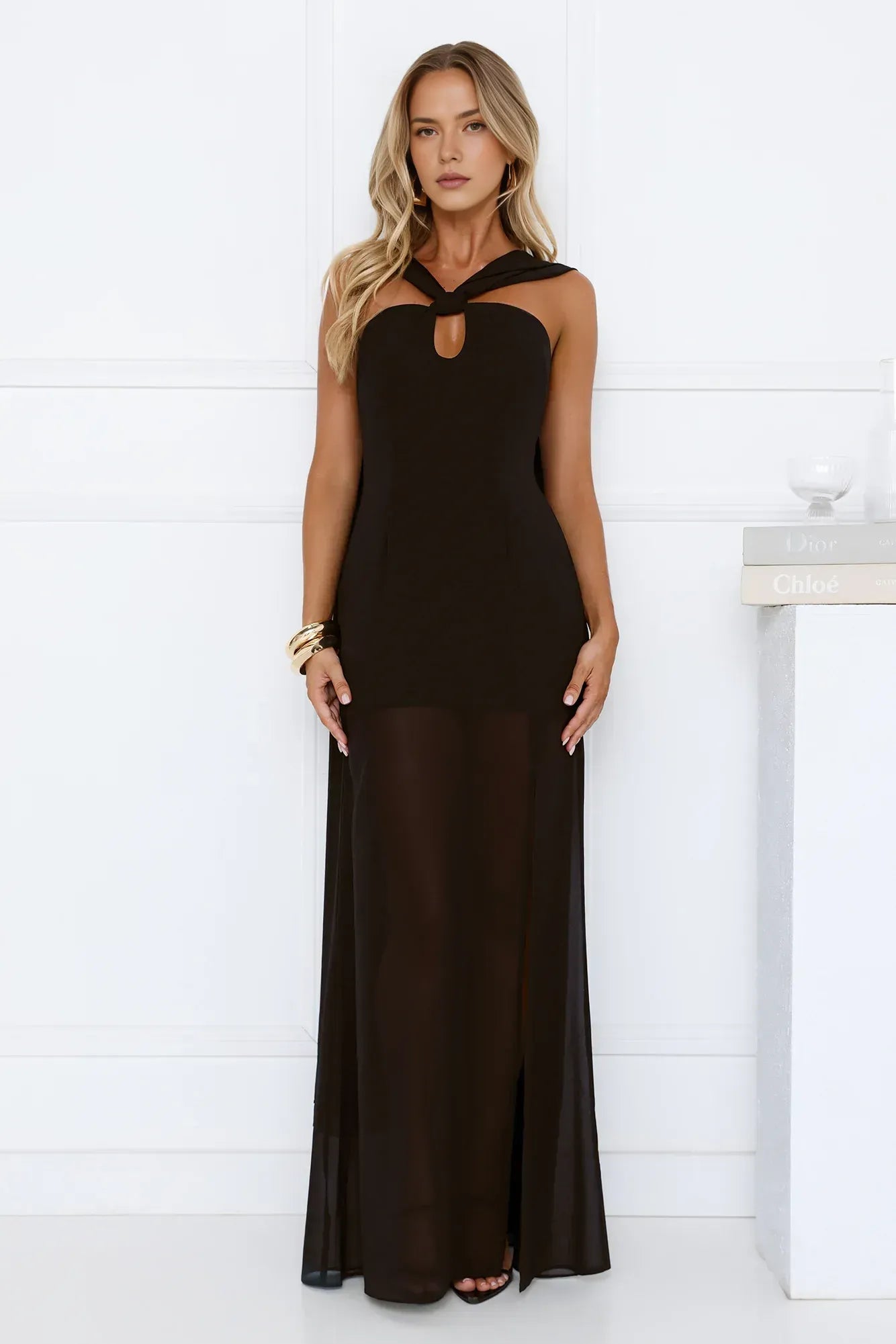Dramatic Sheath Halter Keyhole Sheer Black Floor-Length Prom Dress With Streamer