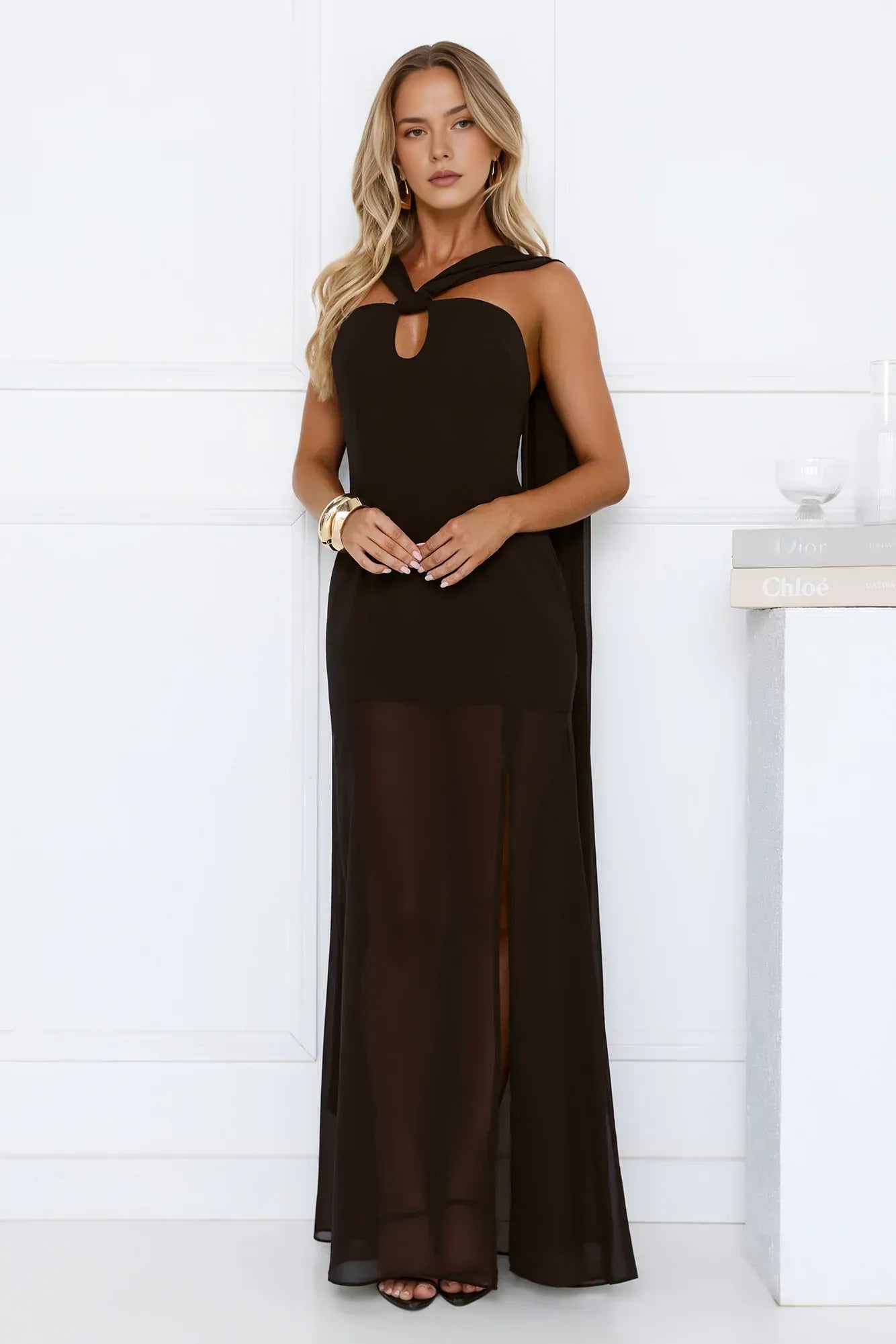 Dramatic Sheath Halter Keyhole Sheer Black Floor-Length Prom Dress With Streamer