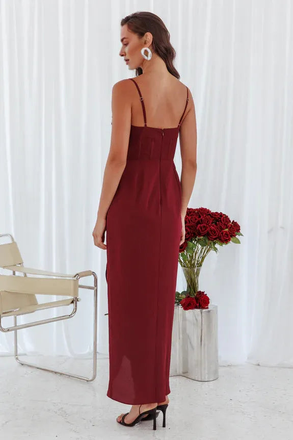 Draped Neck Spaghetti Straps Pleated Corset Split Wine Midi Evening Dress