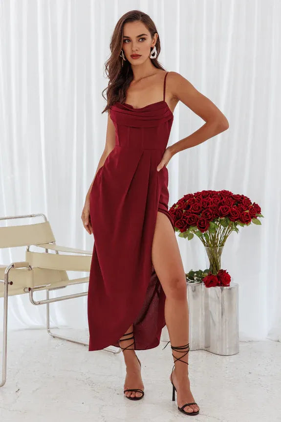 Draped Neck Spaghetti Straps Pleated Corset Split Wine Midi Evening Dress