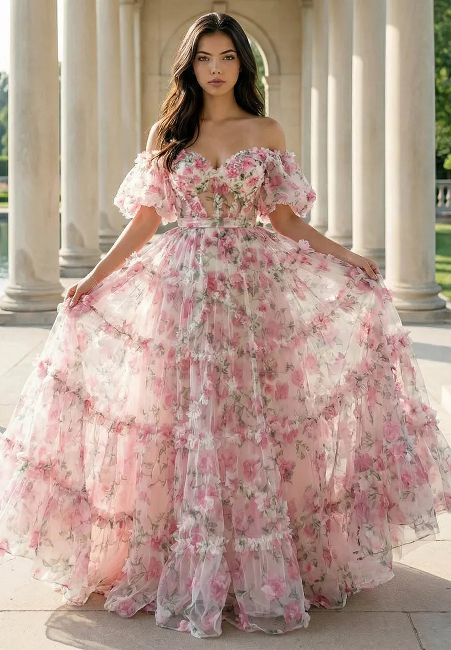 Dreamy A-Line Off-Shoulder Floral Pink Floor Length Prom Dress For Women
