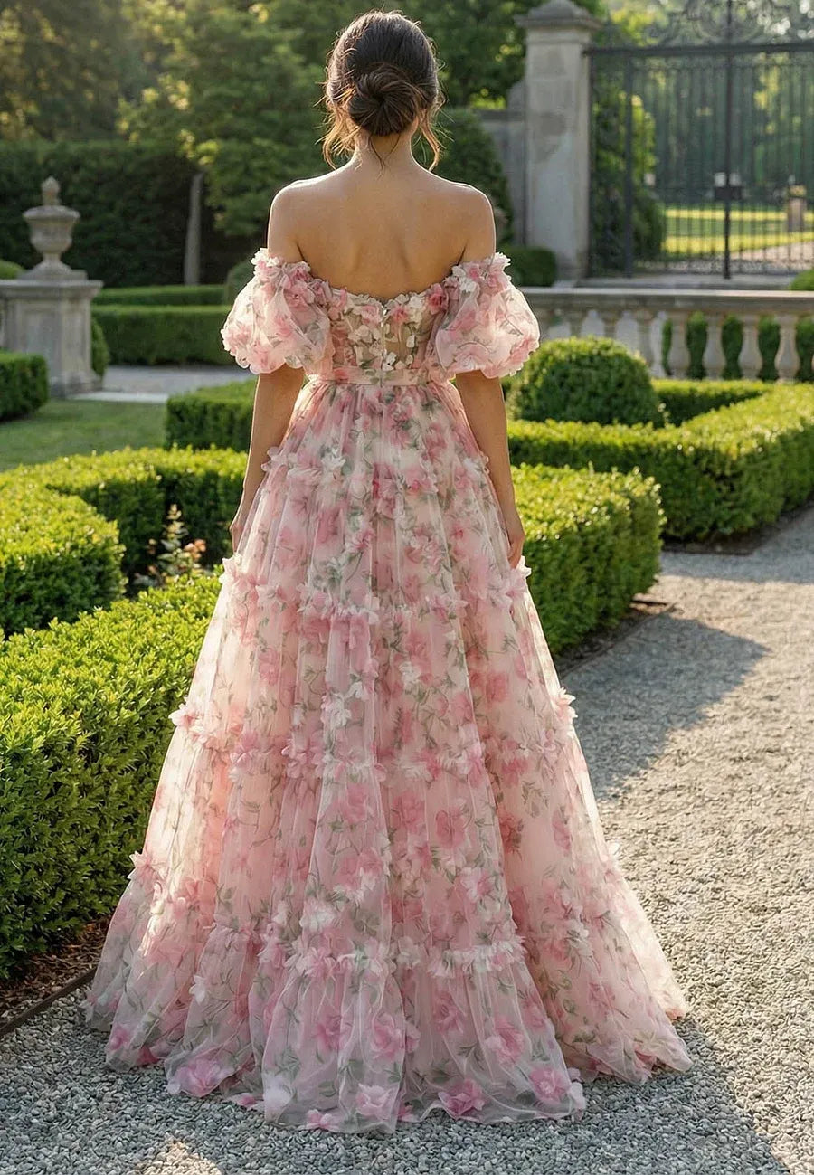 Dreamy A-Line Off-Shoulder Floral Pink Floor Length Prom Dress For Women