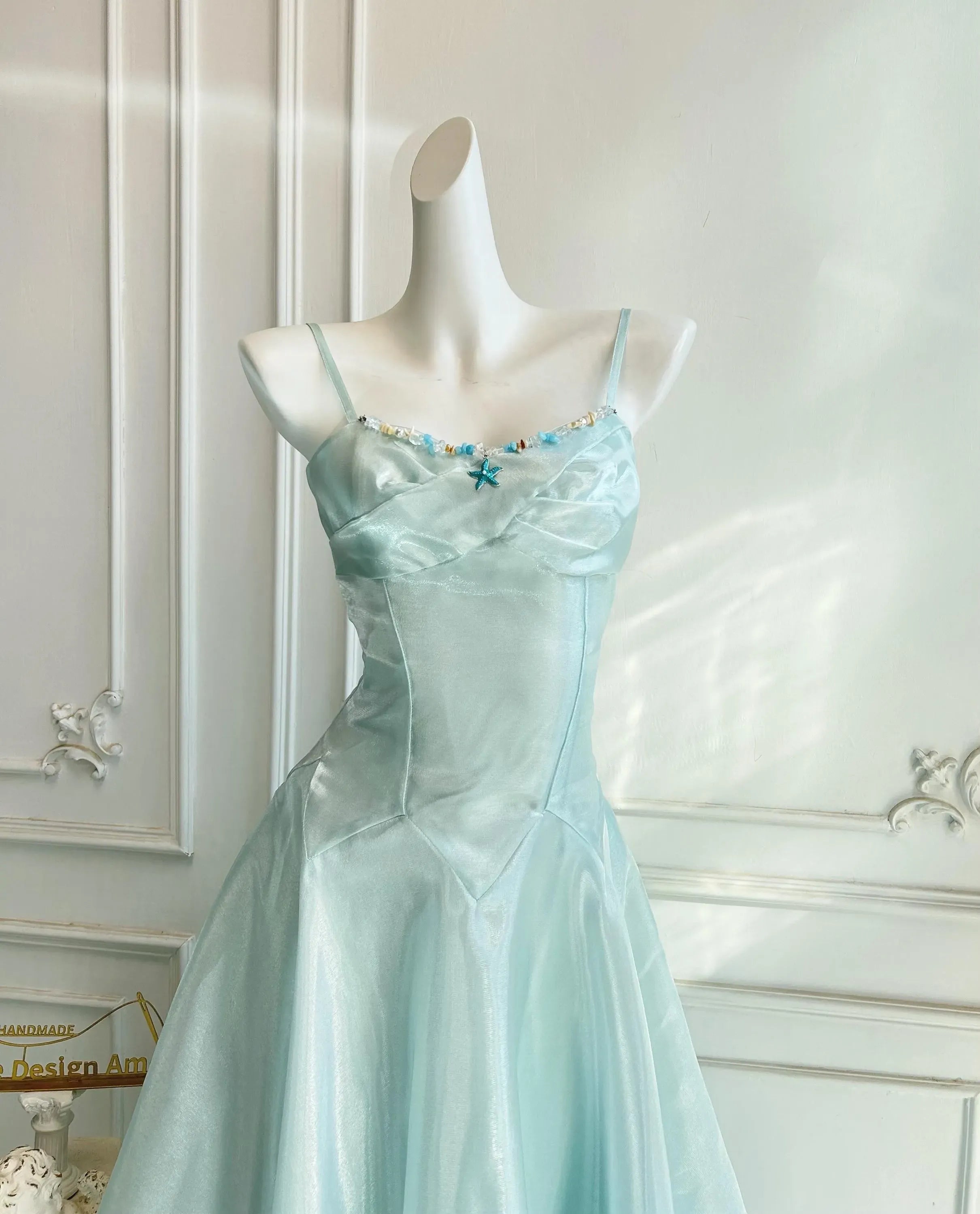 Dreamy A-Line Spaghetti-Strap Ruffle Light Blue Floor-Length Prom Dress With Beaded