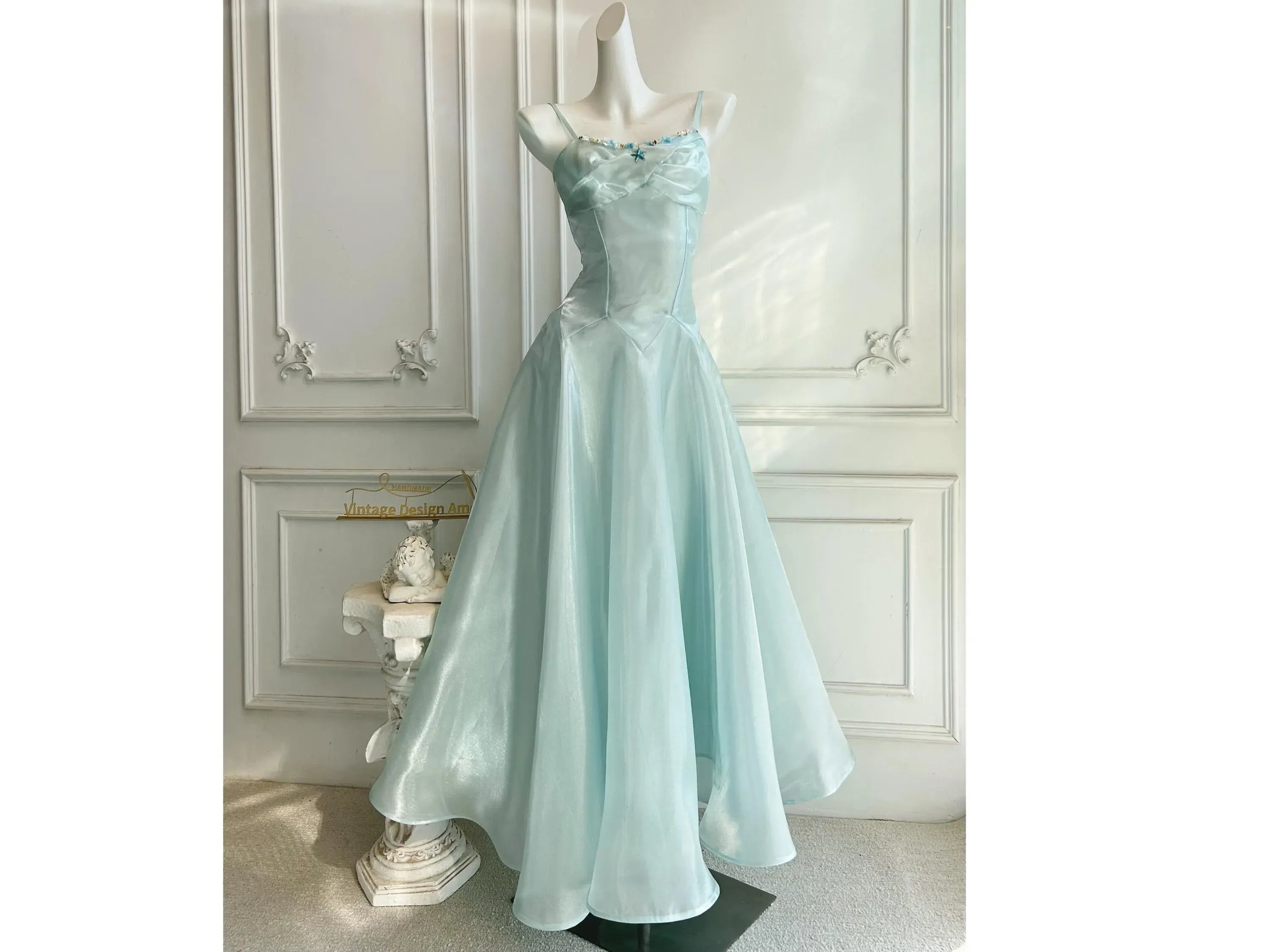 Dreamy A-Line Spaghetti-Strap Ruffle Light Blue Floor-Length Prom Dress With Beaded