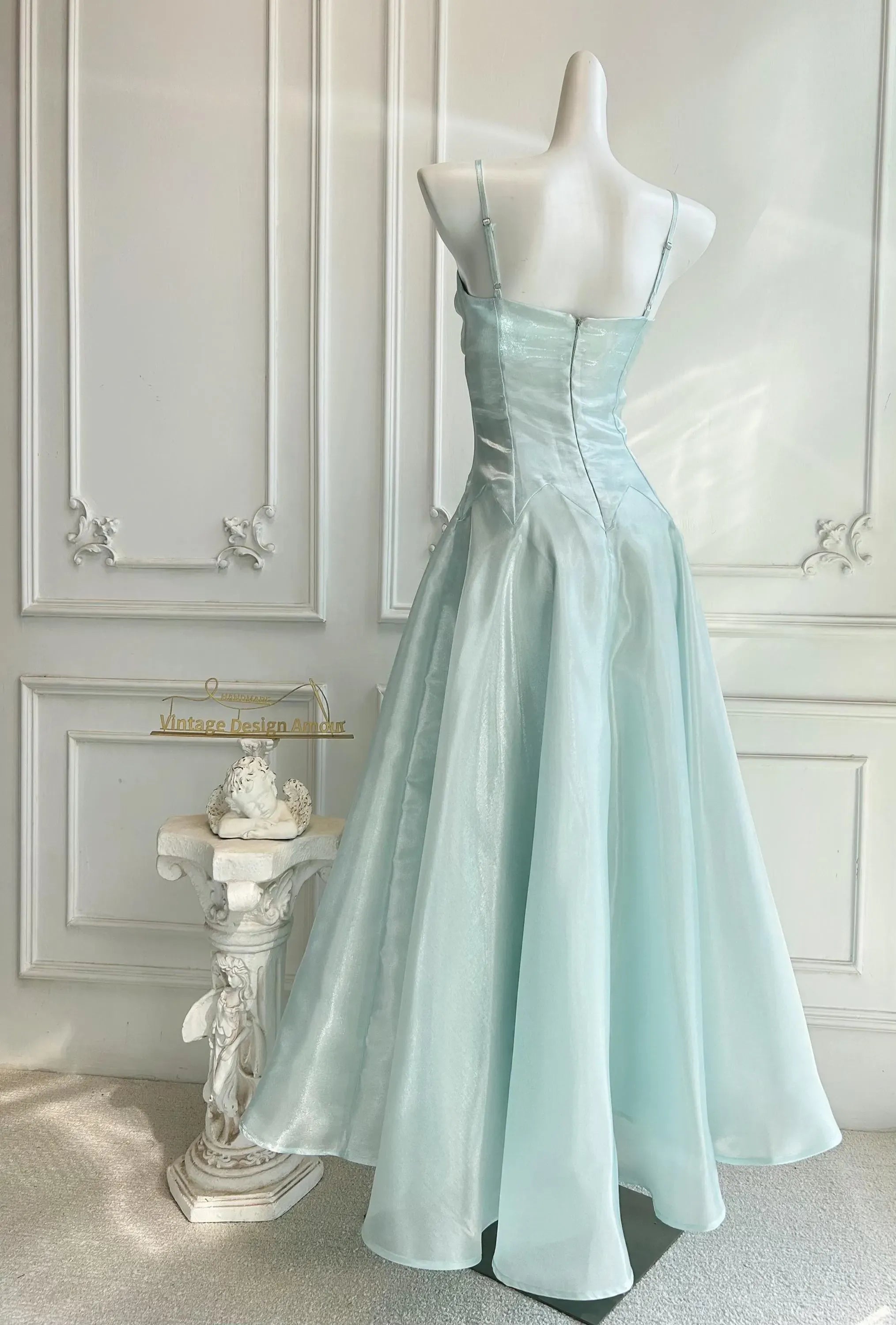 Dreamy A-Line Spaghetti-Strap Ruffle Light Blue Floor-Length Prom Dress With Beaded