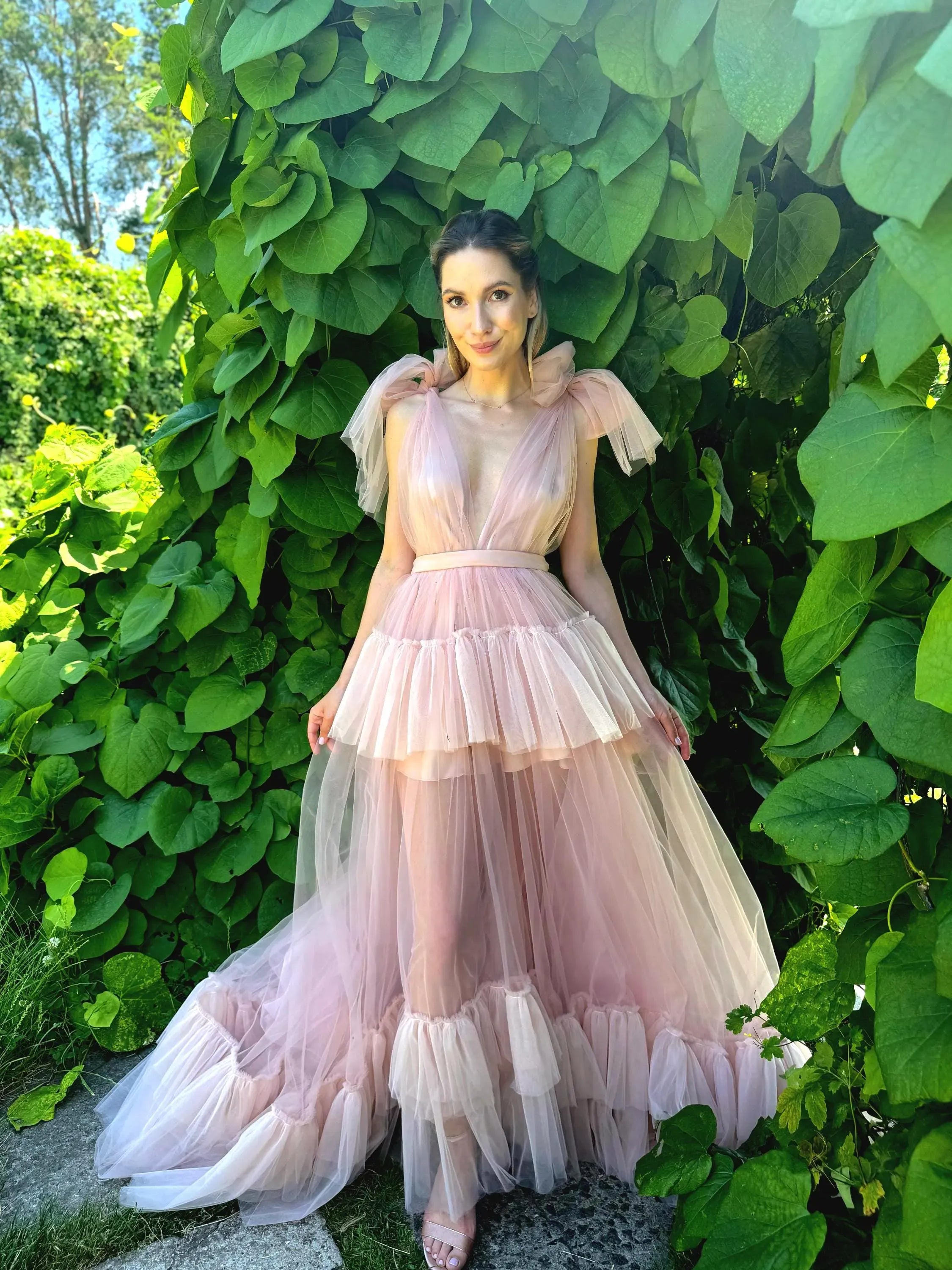 Dreamy A-Line V-Neck Bow Cutout Tiered Low Back Blush Floor-Length Prom Dress