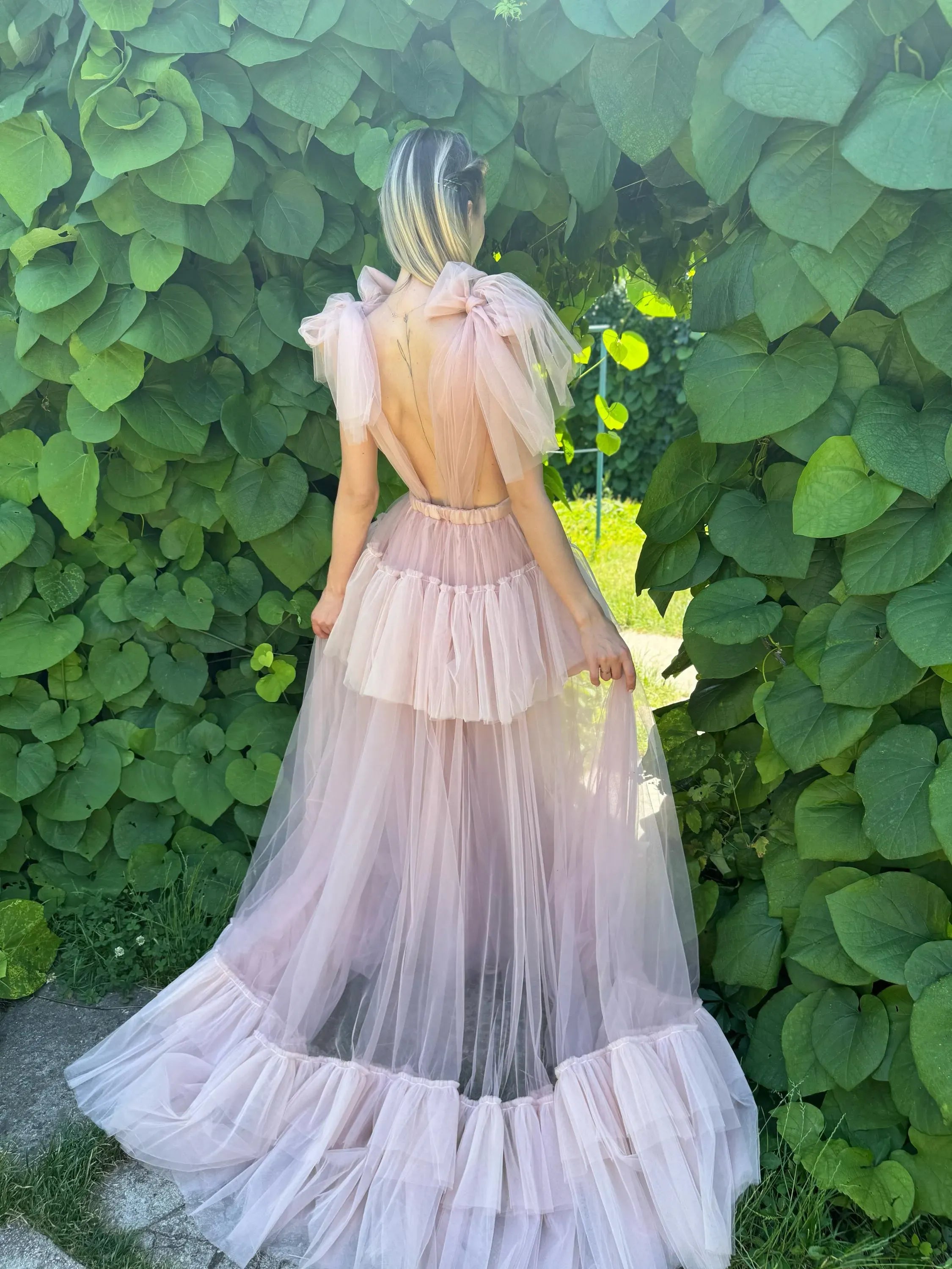 Dreamy A-Line V-Neck Bow Cutout Tiered Low Back Blush Floor-Length Prom Dress