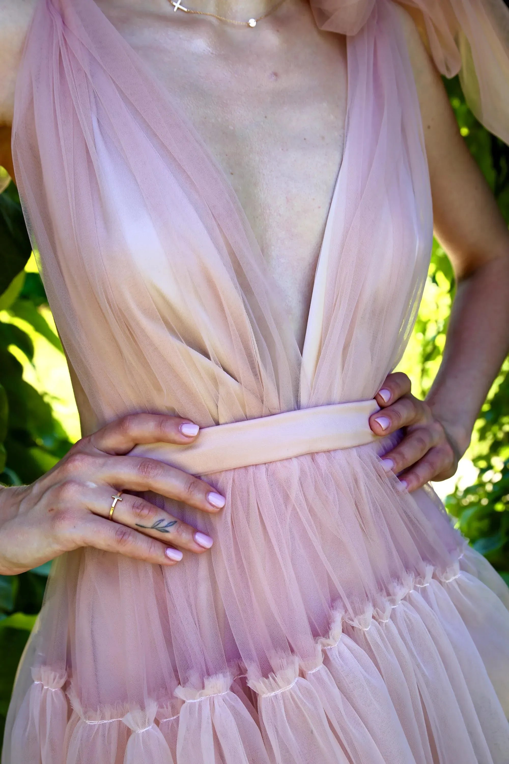 Dreamy A-Line V-Neck Bow Cutout Tiered Low Back Blush Floor-Length Prom Dress