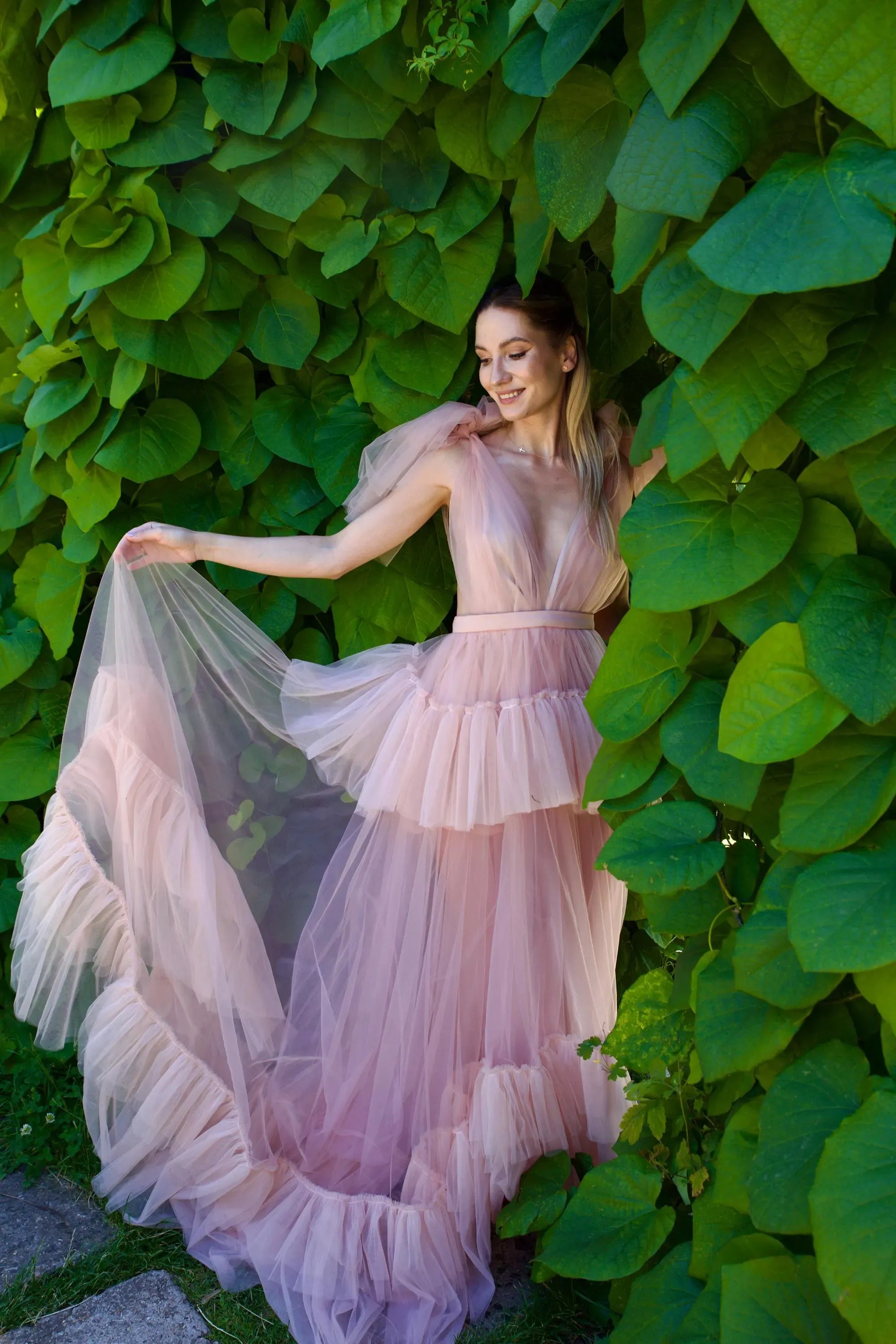 Dreamy A-Line V-Neck Bow Cutout Tiered Low Back Blush Floor-Length Prom Dress