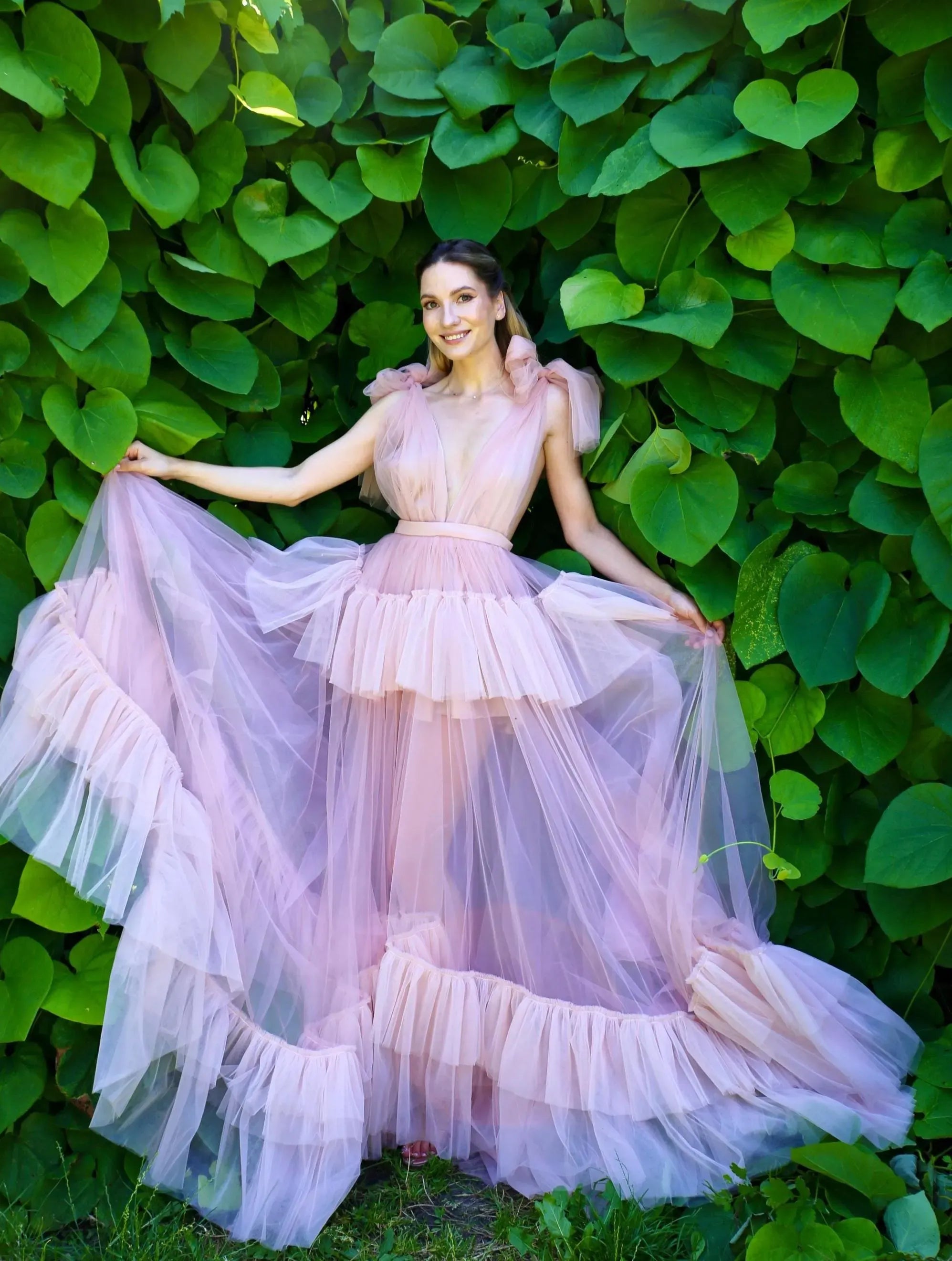 Dreamy A-Line V-Neck Bow Cutout Tiered Low Back Blush Floor-Length Prom Dress