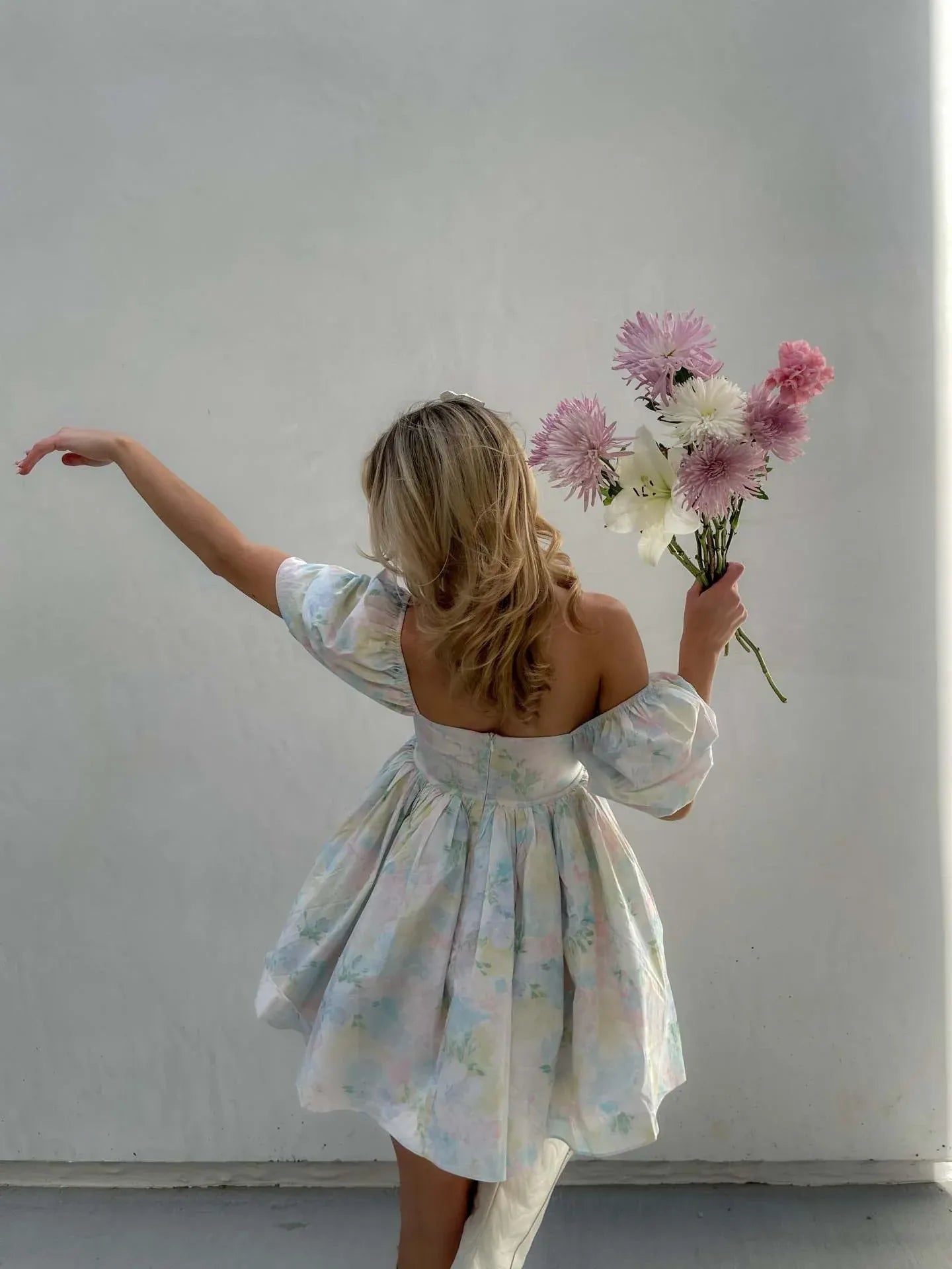 Dreamy Babydoll Square Neck Puff Sleeve Floral Print Light Blue Mini Homecoming Dress