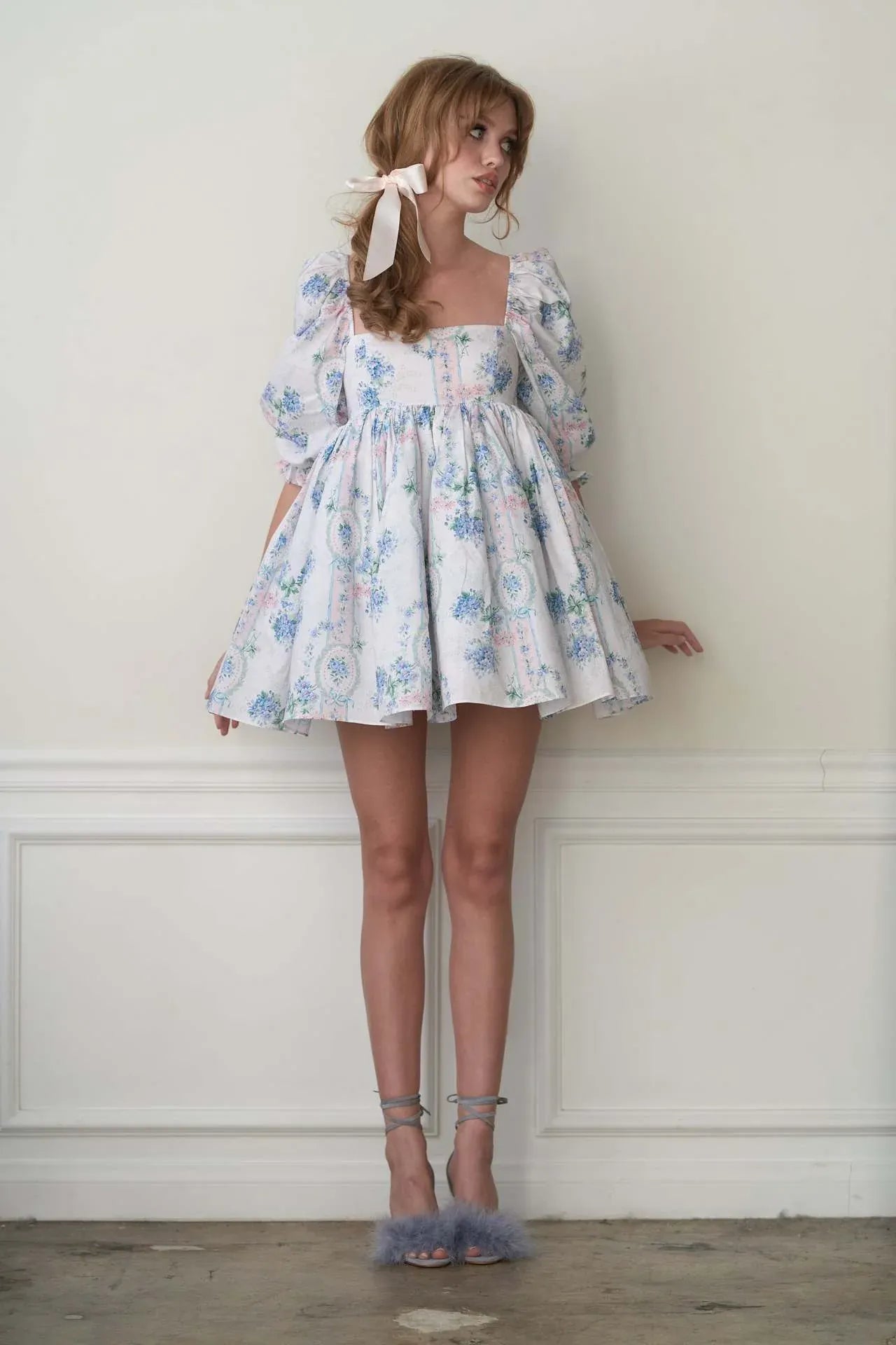 Dreamy Babydoll Square Neck Puff Sleeve Floral Print Light Blue Mini Homecoming Dress