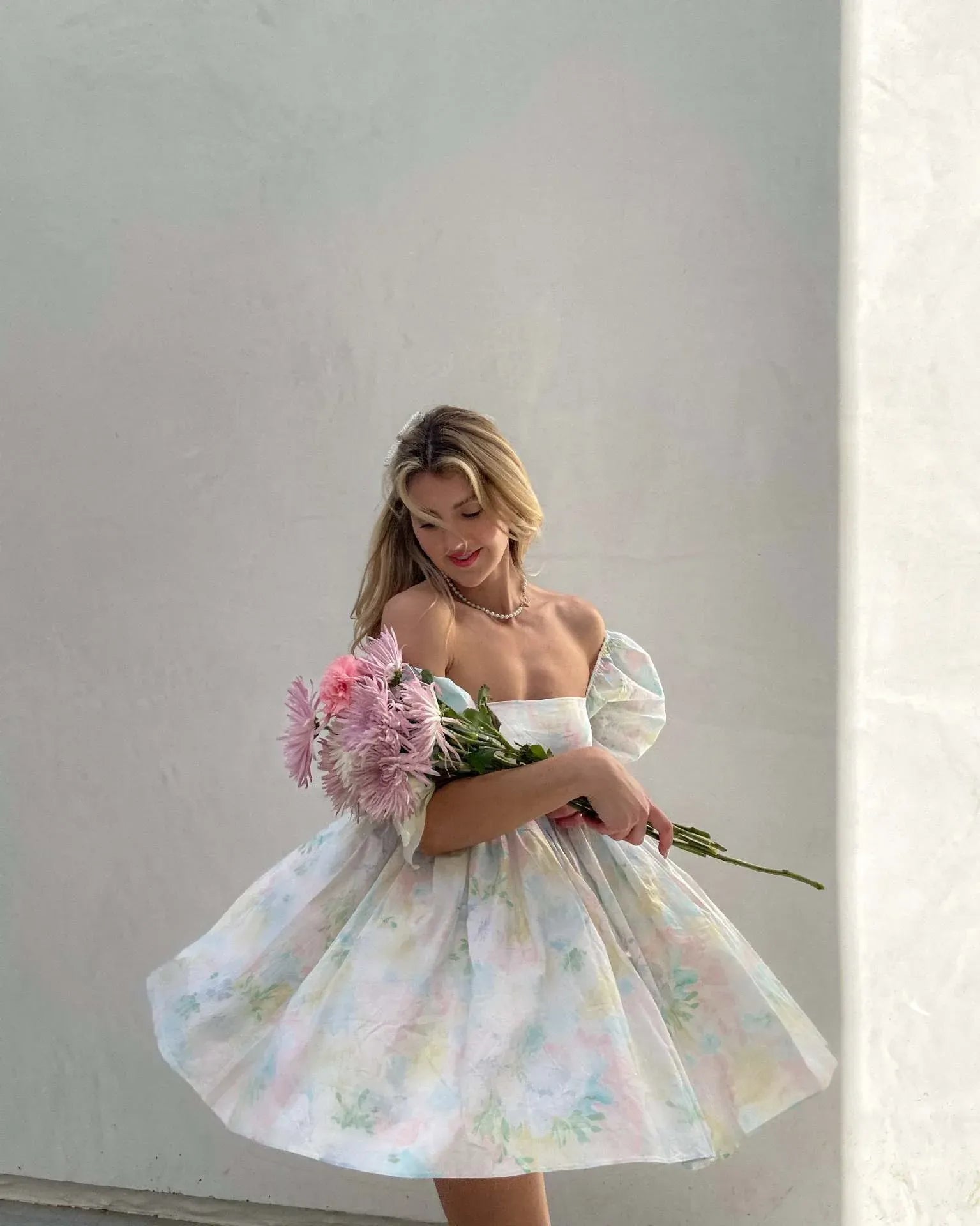 Dreamy Babydoll Square Neck Puff Sleeve Floral Print Light Blue Mini Homecoming Dress