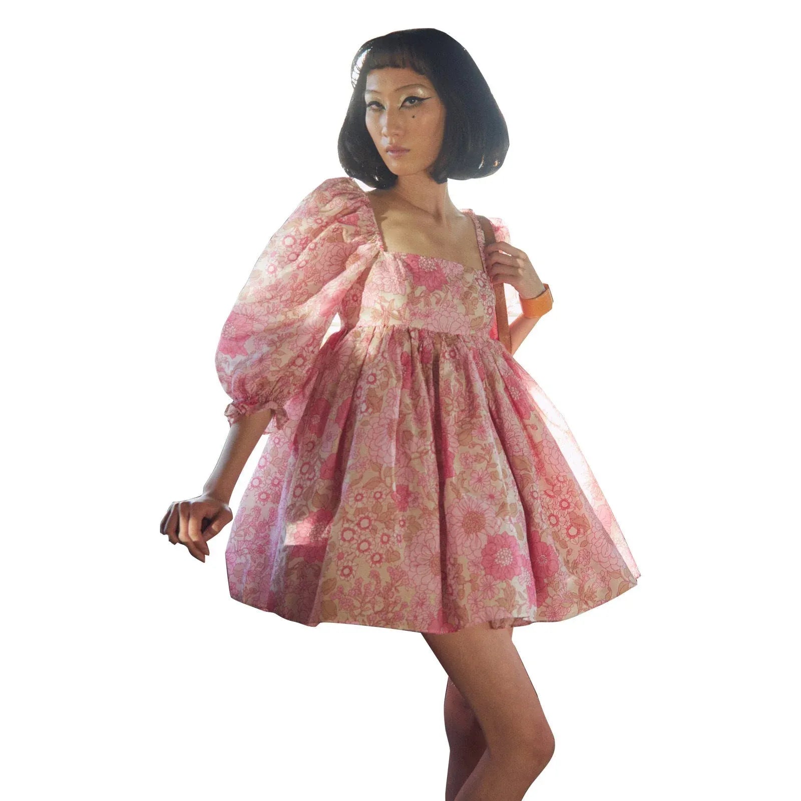 Dreamy Babydoll Square Neck Puff Sleeve Floral Print Light Blue Mini Homecoming Dress