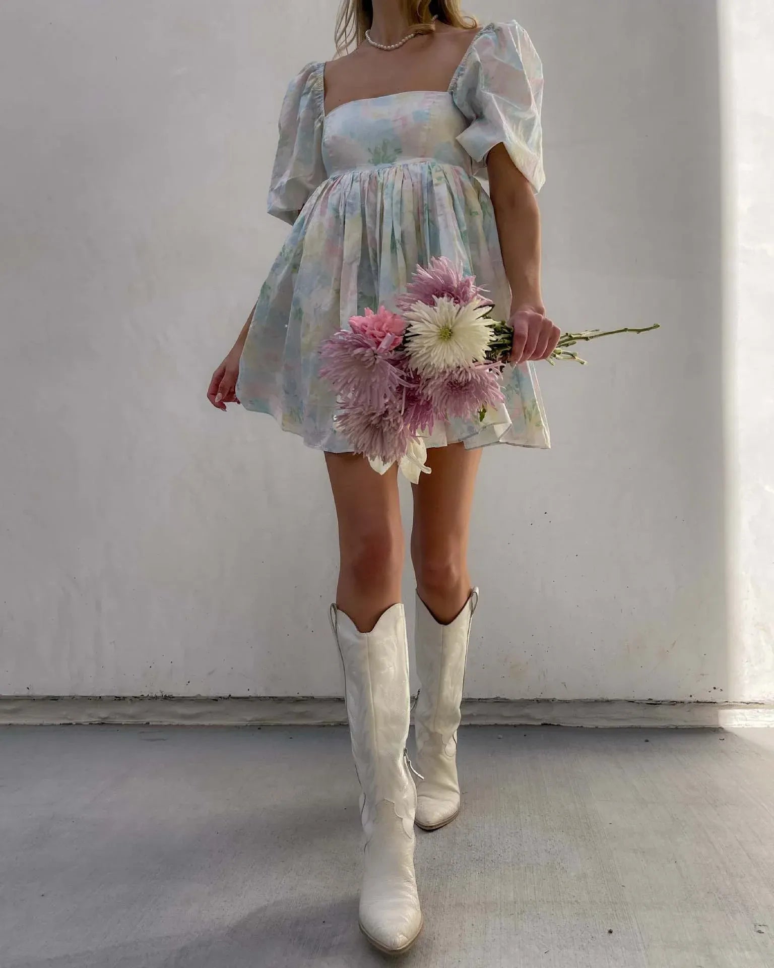 Dreamy Babydoll Square Neck Puff Sleeve Floral Print Light Blue Mini Homecoming Dress