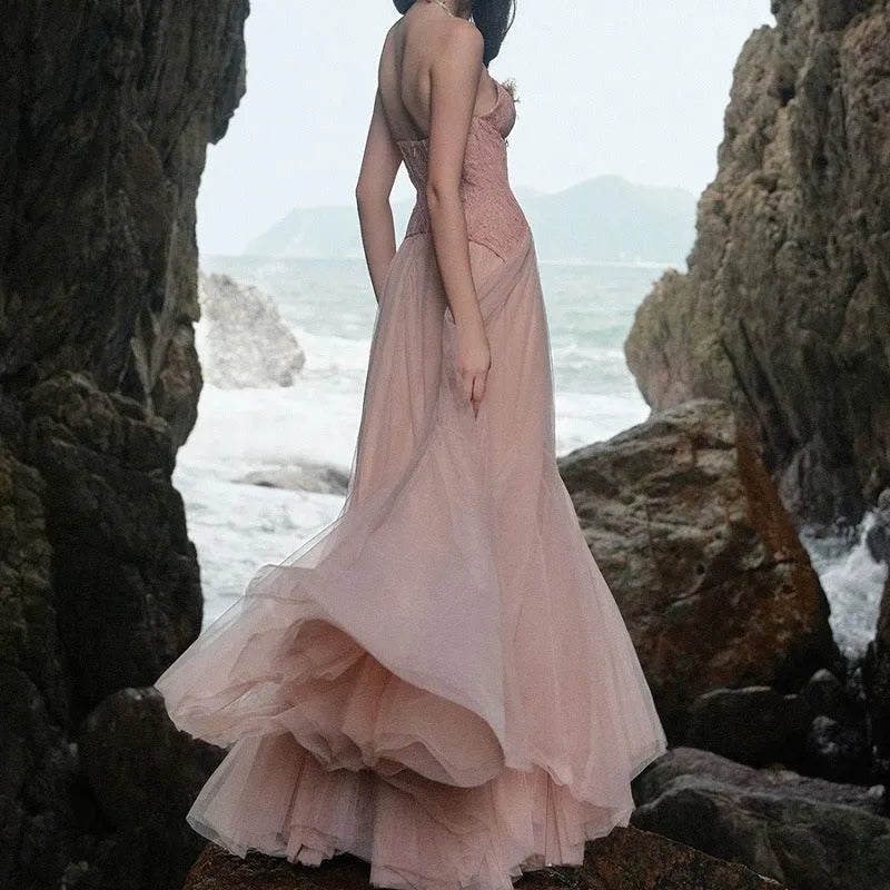 Dreamy Mermaid Strapless Corset Ruffle Floral Lace Blush Floor-Length Prom Dress